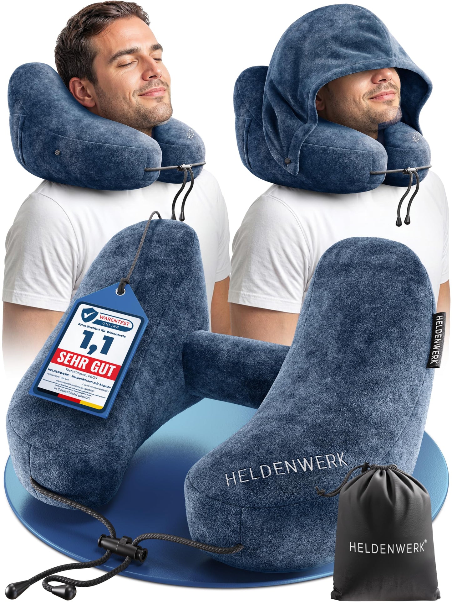 Aufblasbares Nackenkissen mit abnehmbarer Kapuze, Grösse L, Navy Blue Gross - passt den meisten