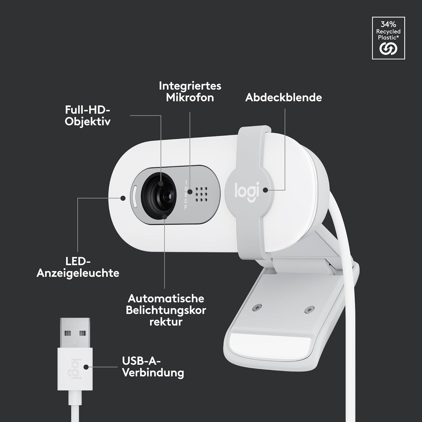 Brio 100 Full HD-Webcam mit Mikrofon und Abdeckblende, Weiß Brio 100