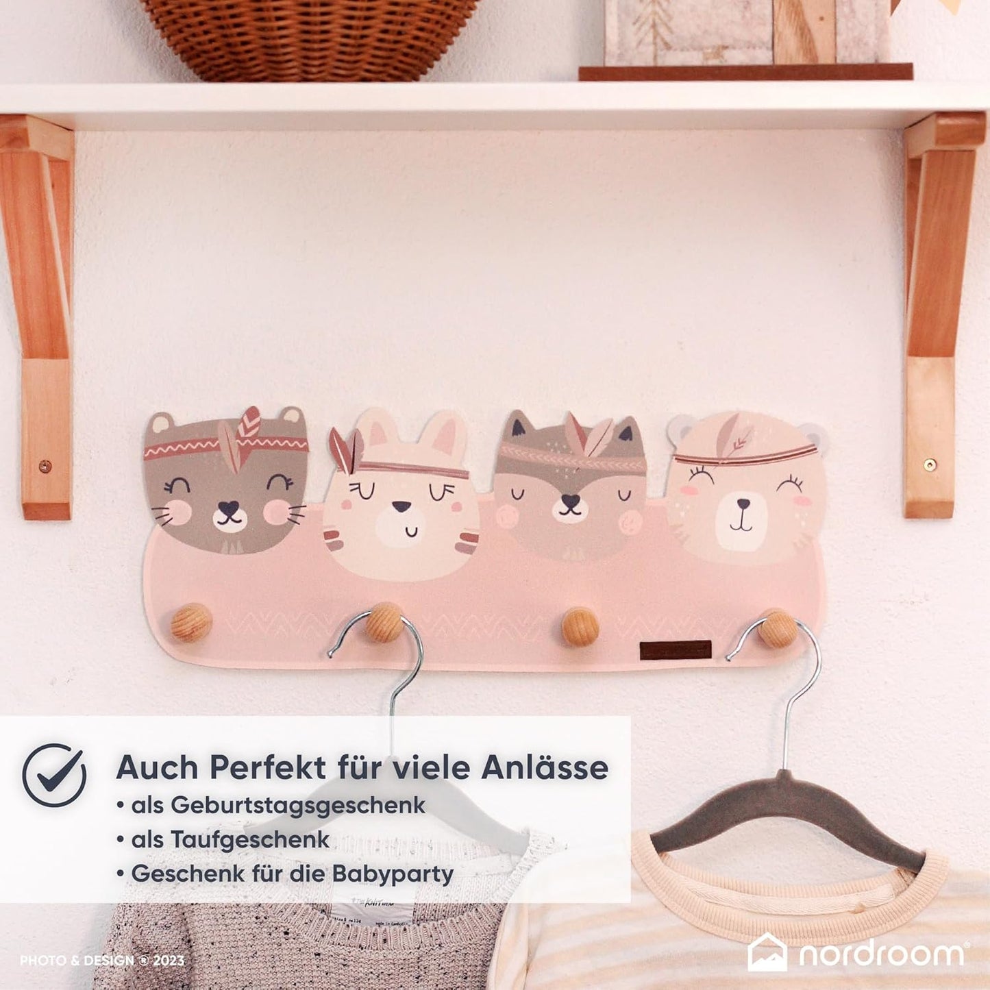 Wandgarderobe yunaå mit Tiermotiven und 4 Haken, yunaå