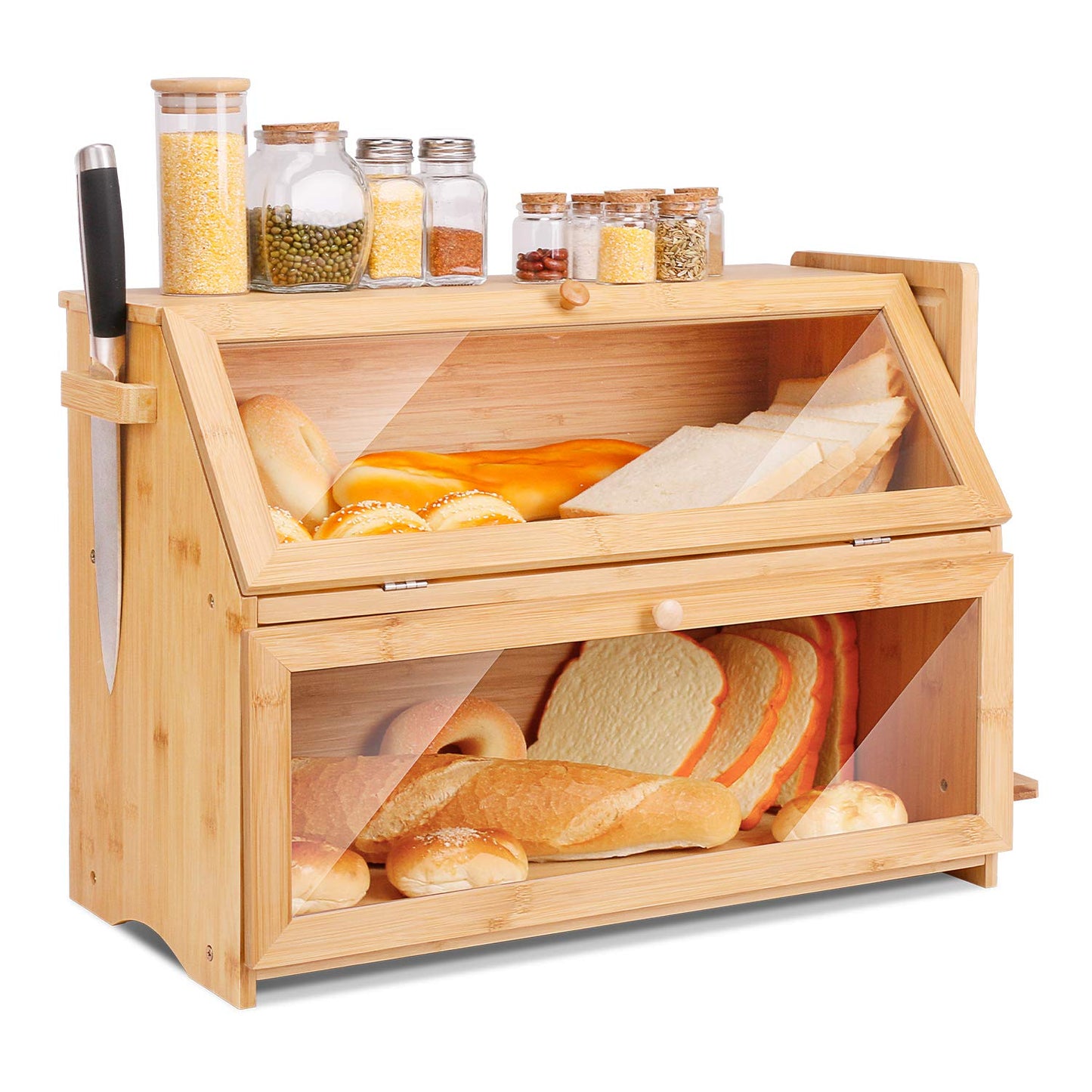 Zweistöckiger Brotkasten mit Belüftung, Natur/Gross 50x25x37cm Durchsichtiges Fenster
