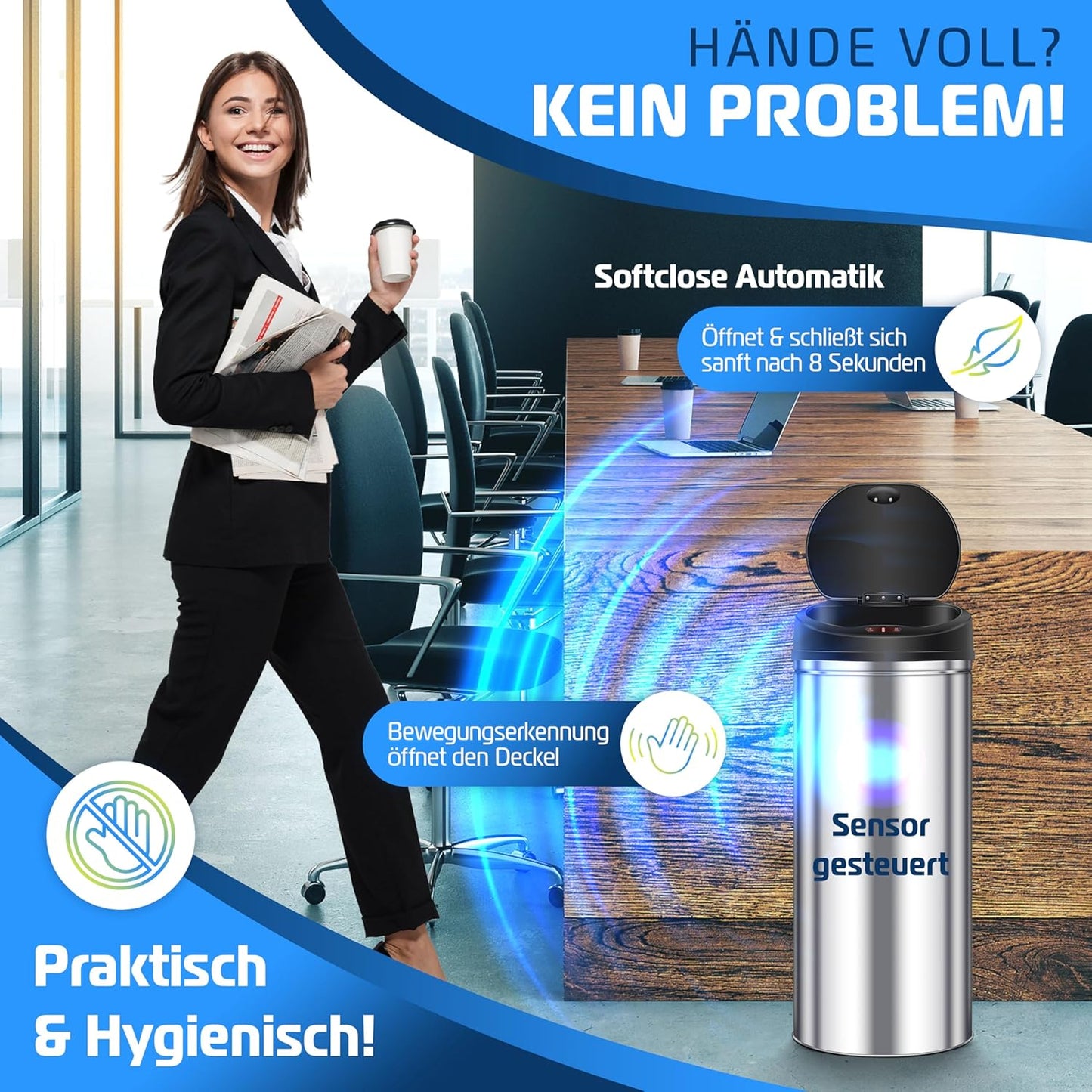 Sensor Abfalleimer mit Automatik-Funktion, 30 Liter Silber