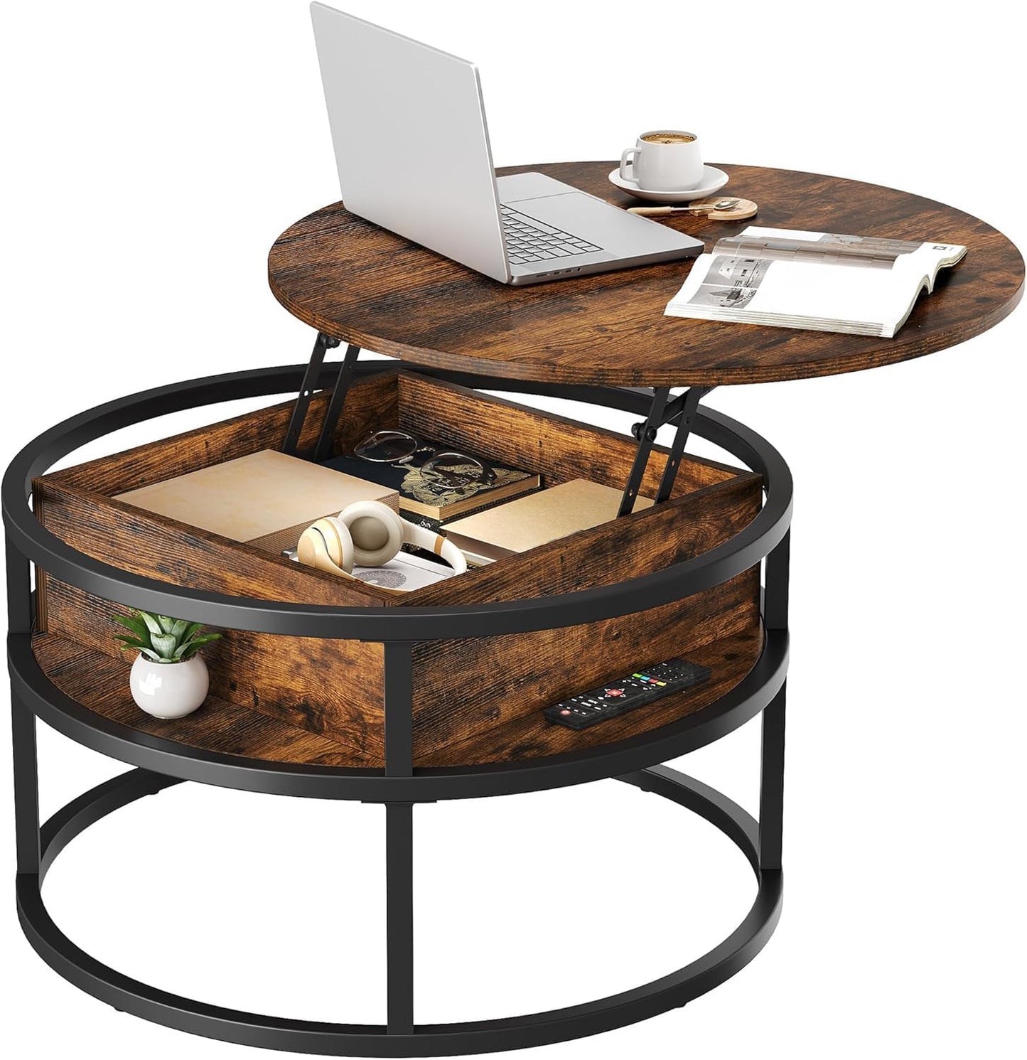 Runder Couchtisch mit Hebeplatte und Stauraum, 80X80X47CM, Braun