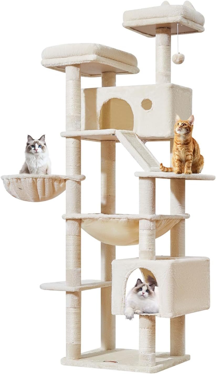 Kratzbaum MS026LM mit Katzenhaus und Hängematte, Beige 180CM