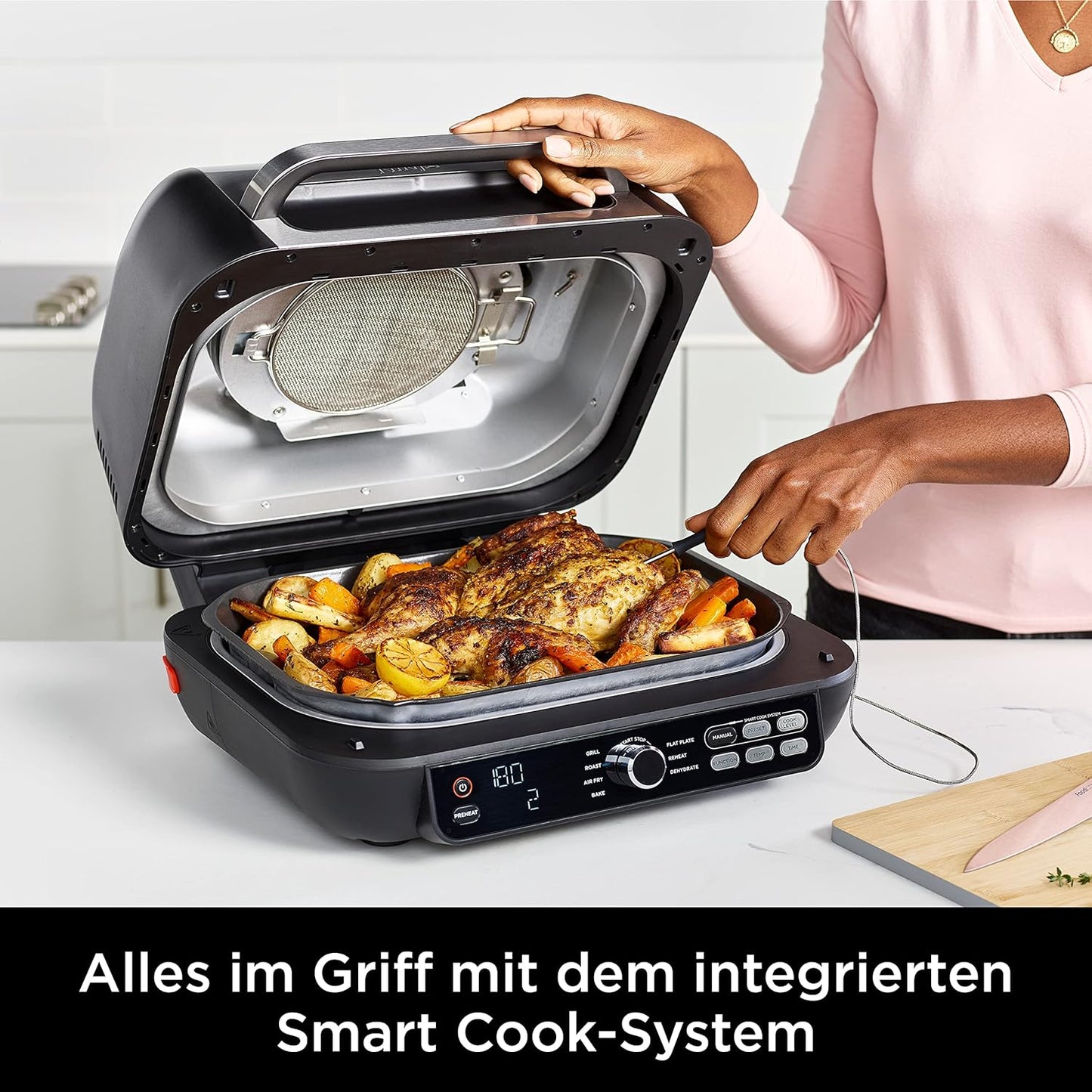 Foodi MAX PRO Grill mit Plancha Flat Grill Plate & Airfryer, MAX PRO Grill & Heissluftfritteuse, 3,8L, Schwarz/Silber