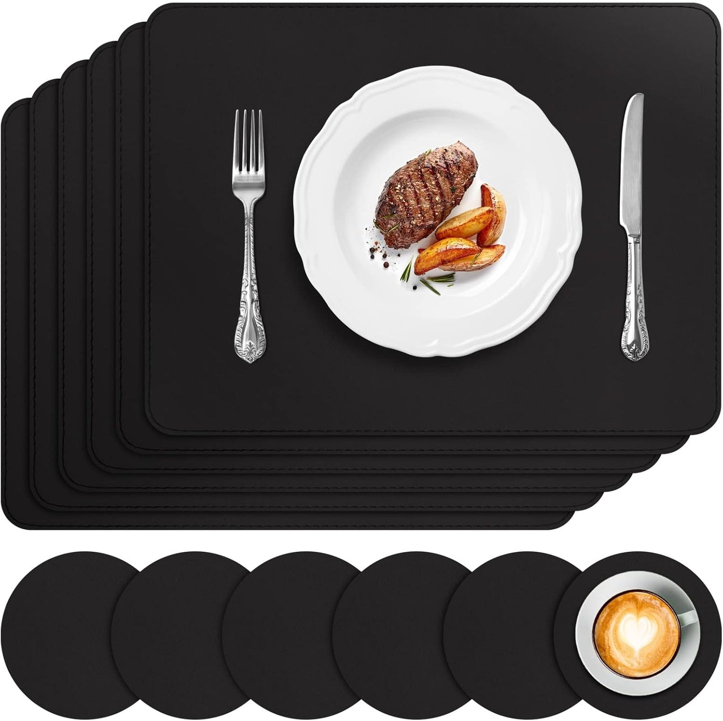 Tischset Lederoptik 6er-Set (Abwaschbar, Hitzebeständig), Schwarz