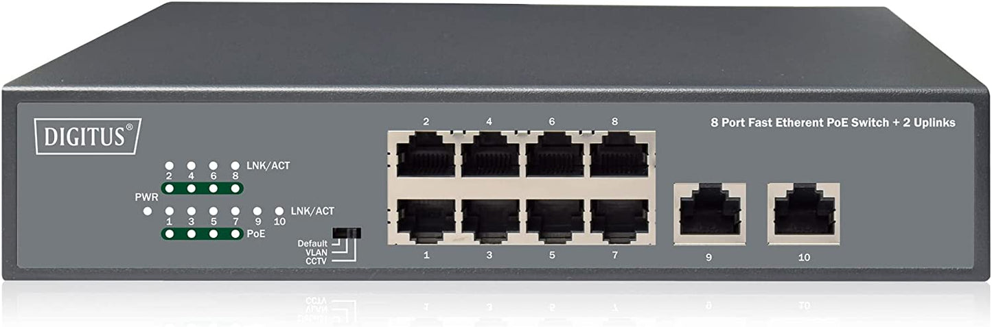 8-Port Fast Etherent PoE-Switch + 2 Uplinks, 8-Port + 2x Uplink Classic Unmanaged (PoE)