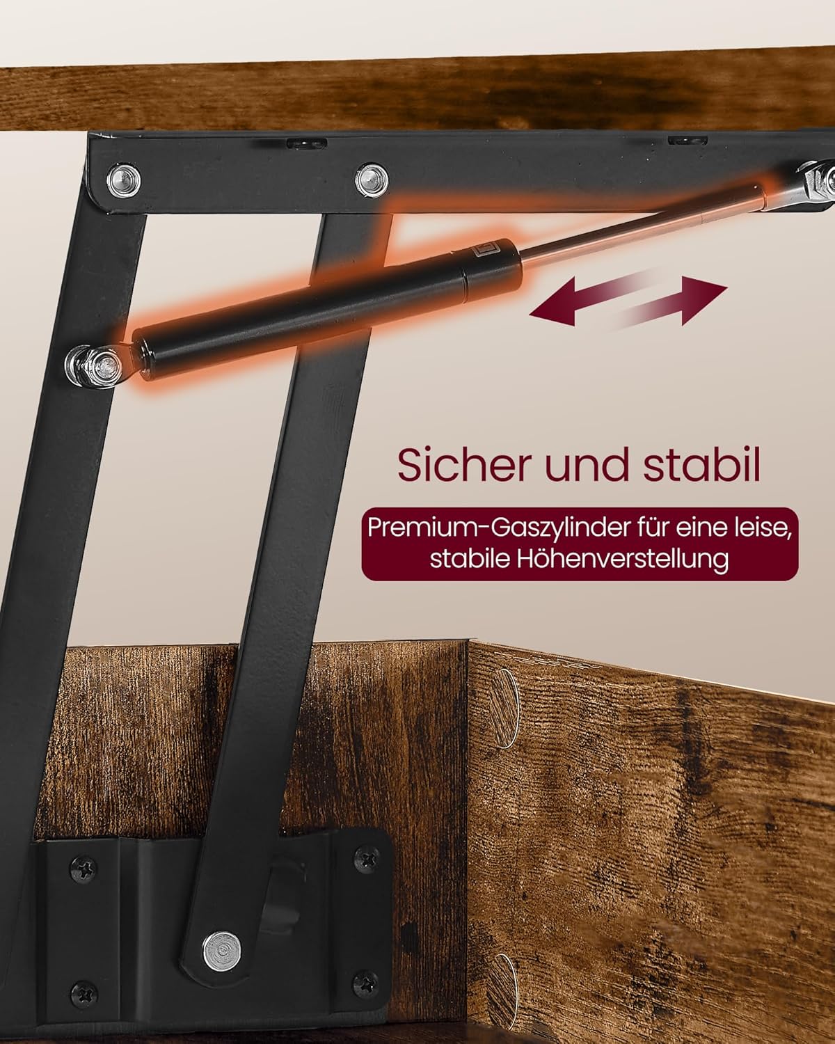 Höhenverstellbarer Couchtisch mit Stauraum, Vintagebraun + Mattschwarz Ohne Schubladen