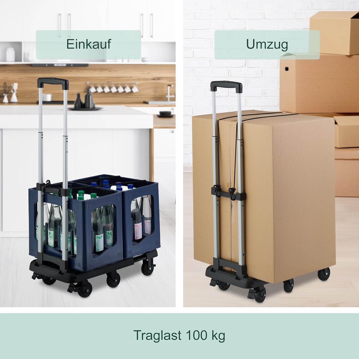 Klappbarer Transportwagen mit Teleskopgriff, Schwarz