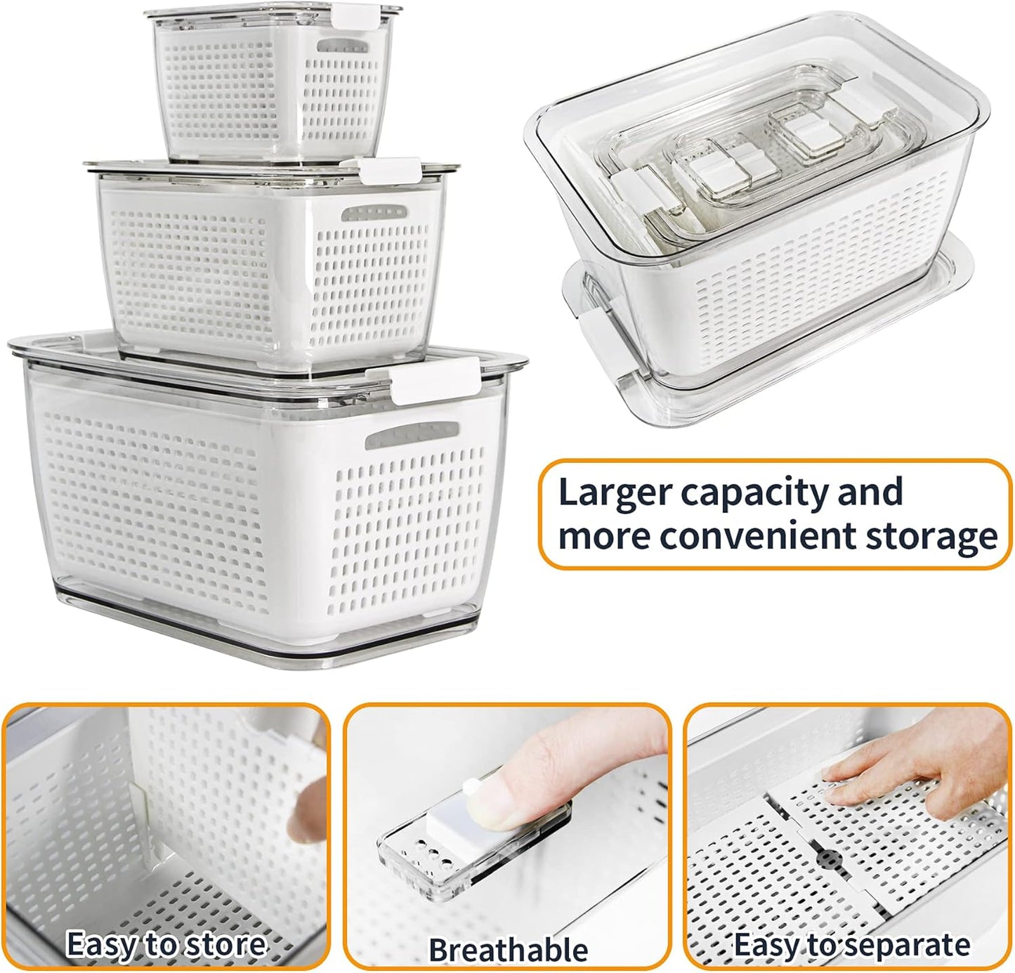 Frischhaltedosen Kühlschrank-Organizer Set, Weiß,3er Set,0.5L+1.7L+4.5L