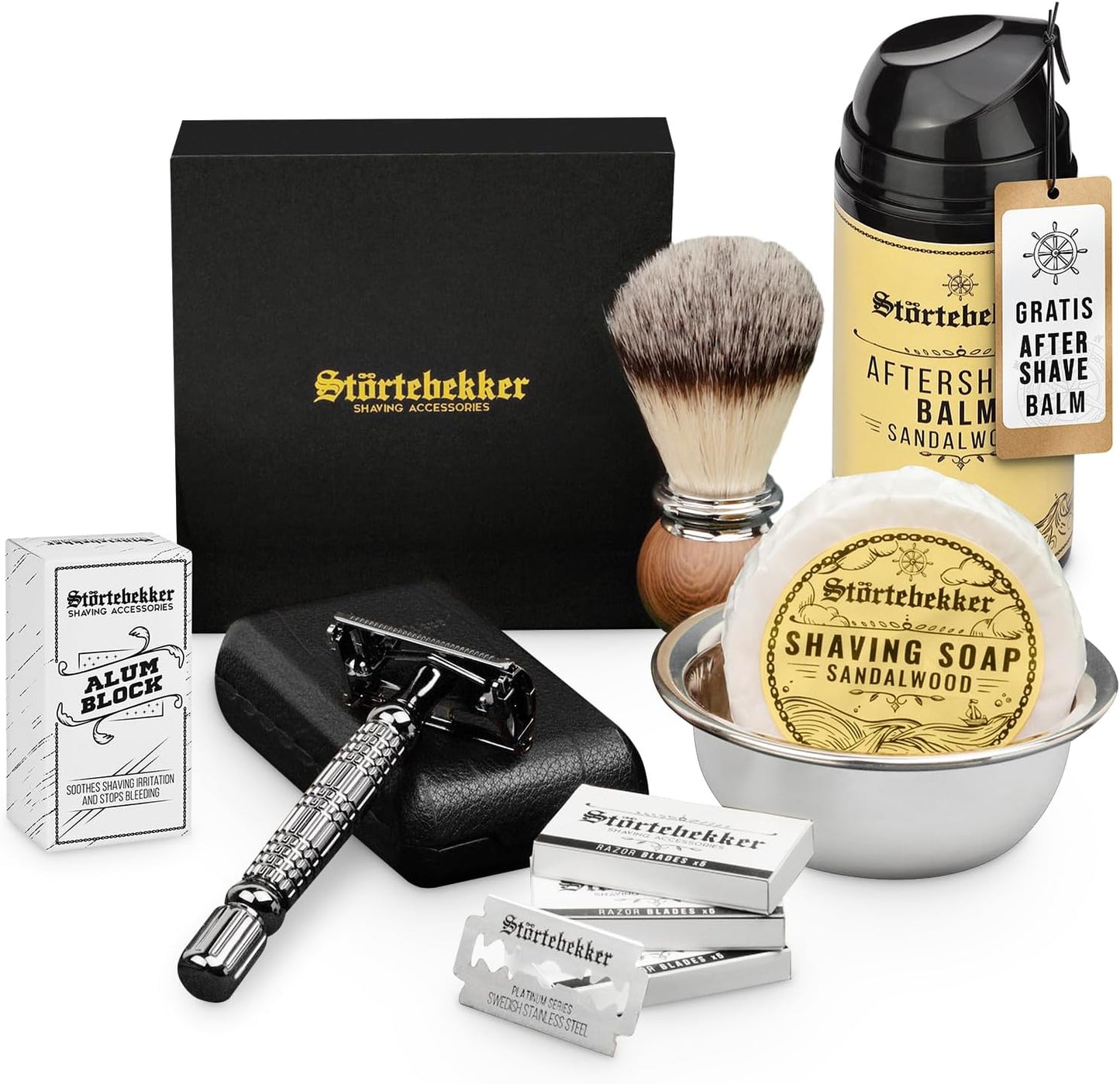 Rasierset 'Premium Shaving Essential Set', Rasierhobel Schwarz / Lederetui Schwarz