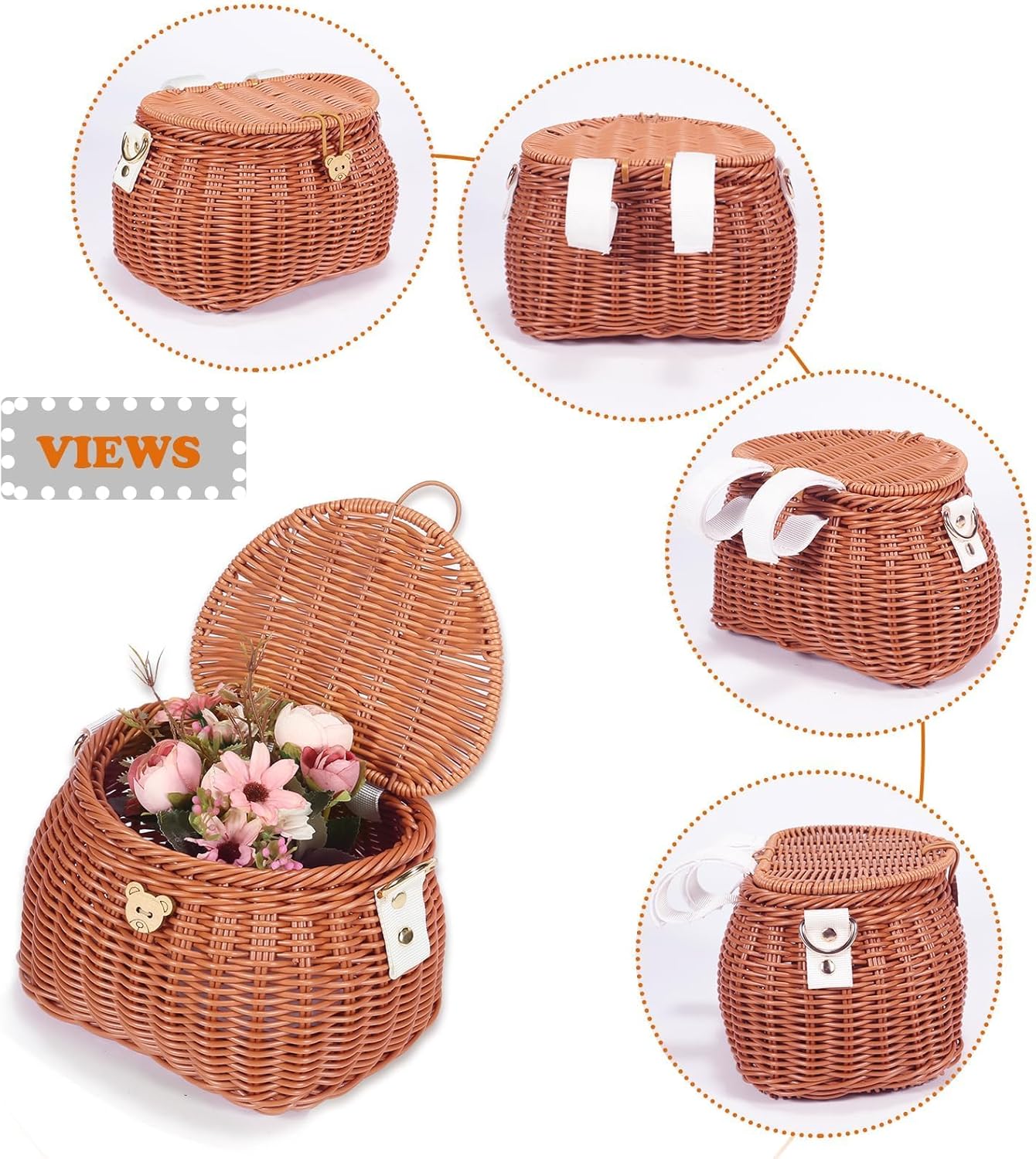 Abnehmbarer Kinderfahrradkorb, Rattan-Design, Braun