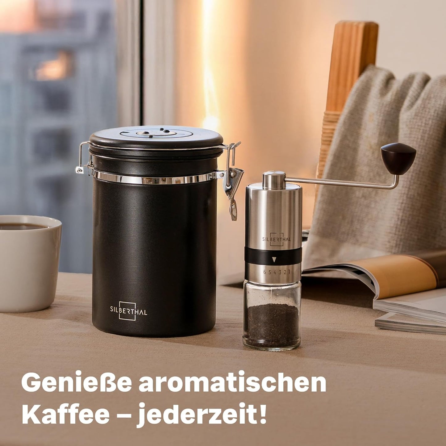 Handkaffeemühle Set mit Kaffeedose, Spar-set 2er Set | Kaffeemühle + Kaffeedose