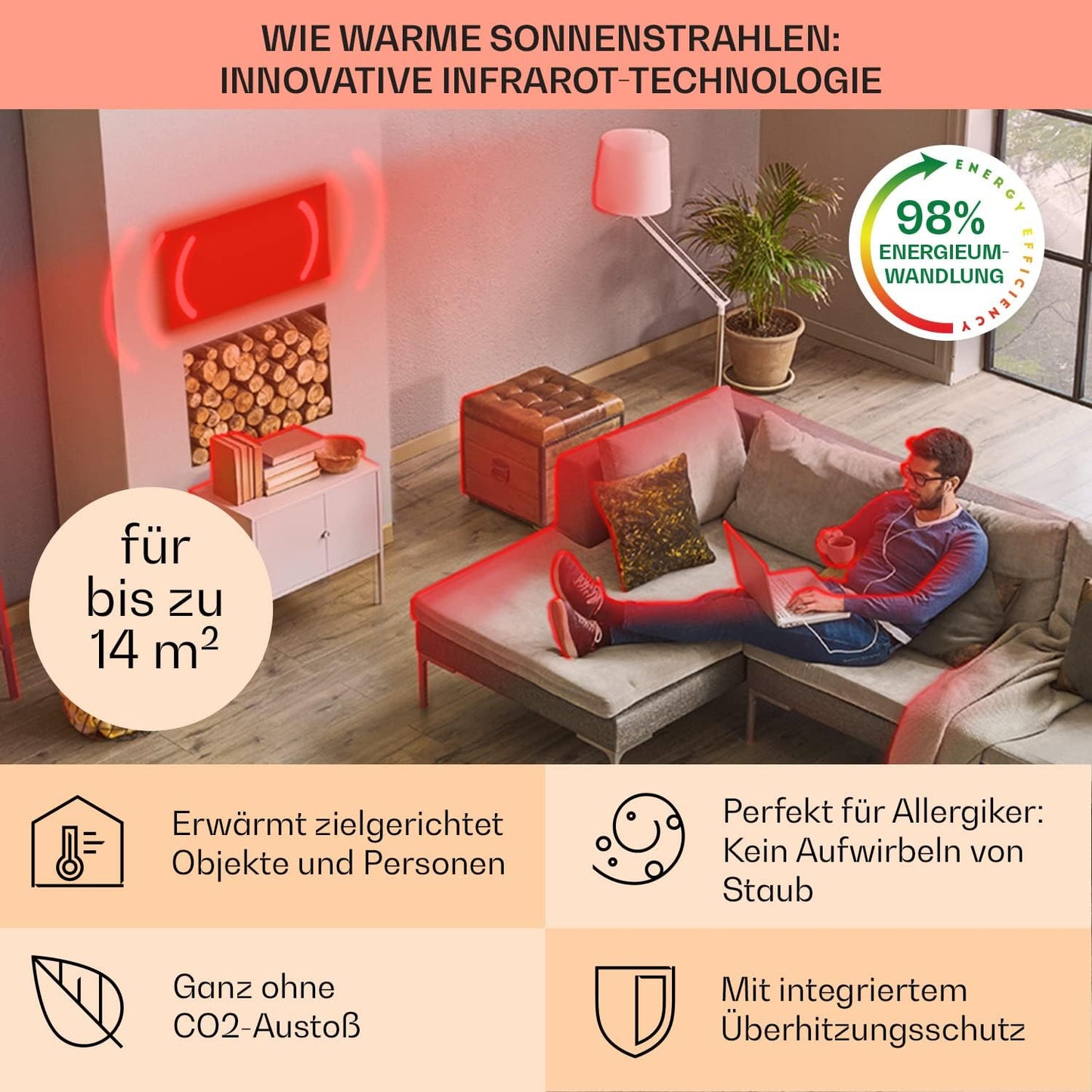 Air Art Smart Infrarotheizung, 120 x 60 cm/ 700 W Blatt - Schwarz