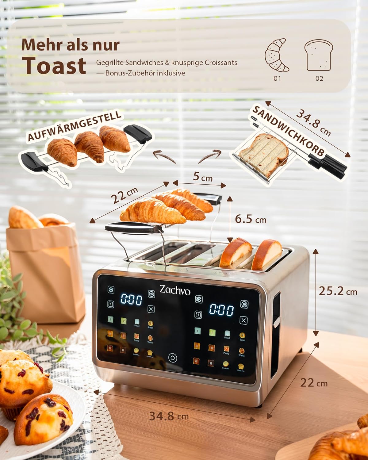 Edelstahl-Toaster mit Touchscreen & LED Countdown, Silber Sandwichhalter & Brötchenaufsatz