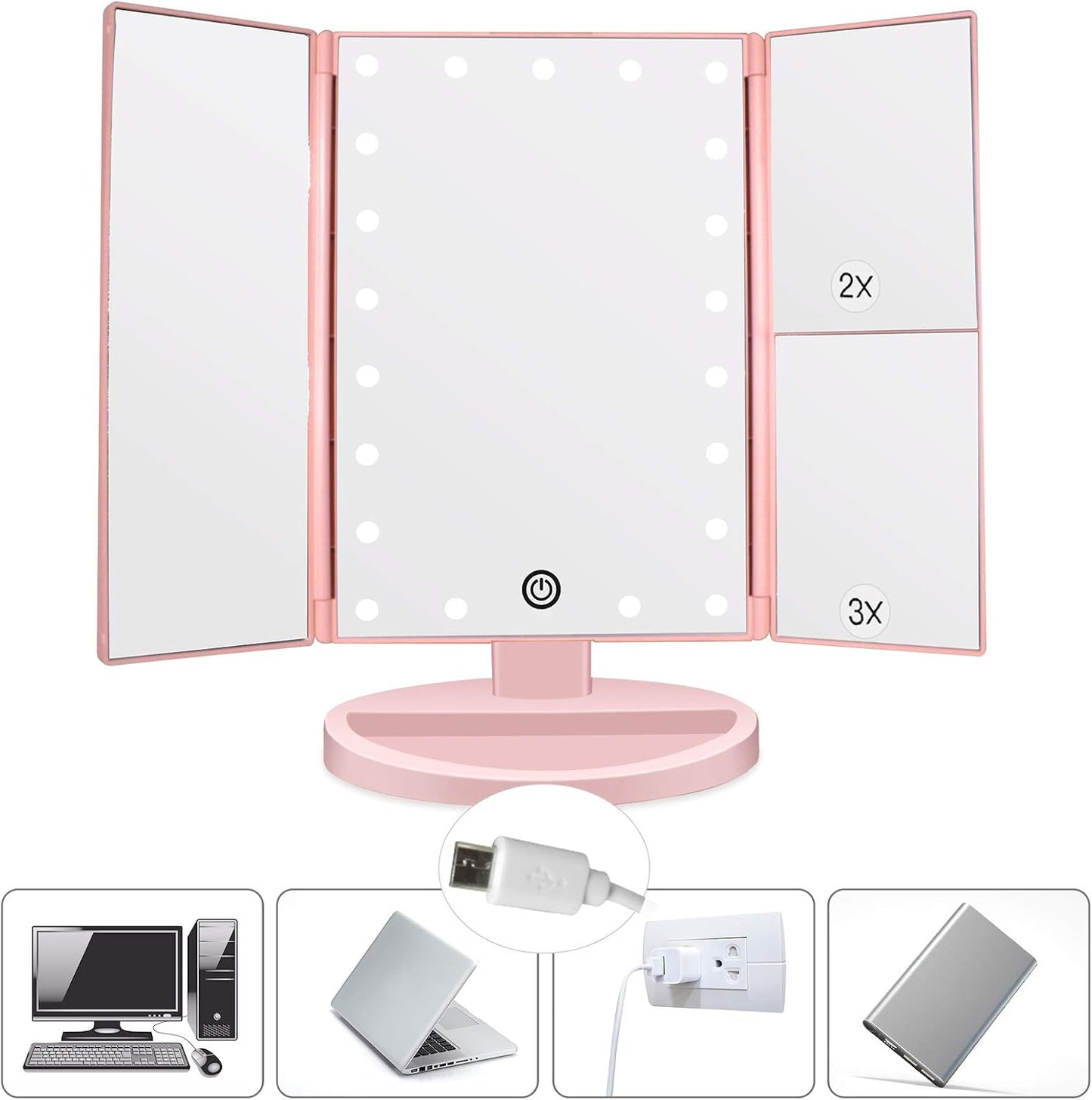 Dreifach gefalteter Kosmetikspiegel mit LED & Vergrösserung, Rosa