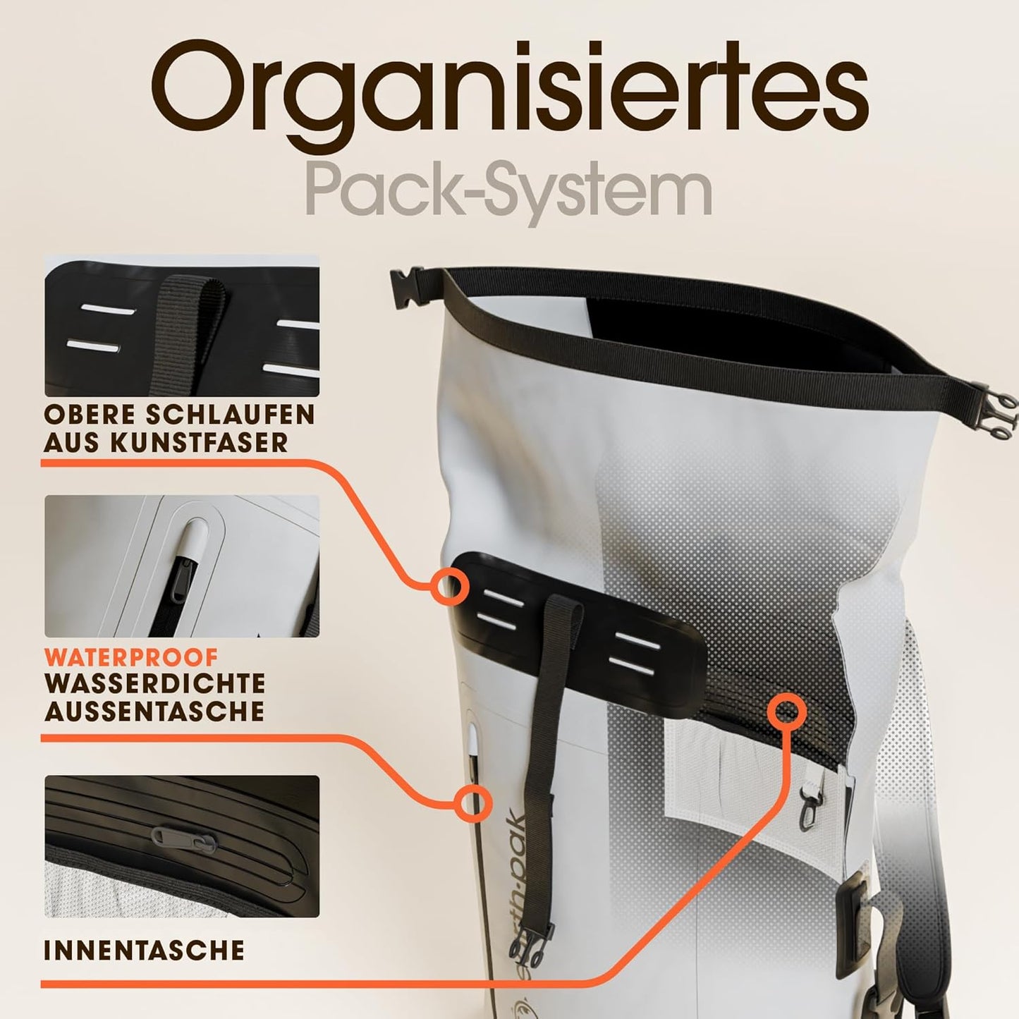 Wasserdichter Rucksack mit Rollverschluss und Handyhülle, 85L Grau