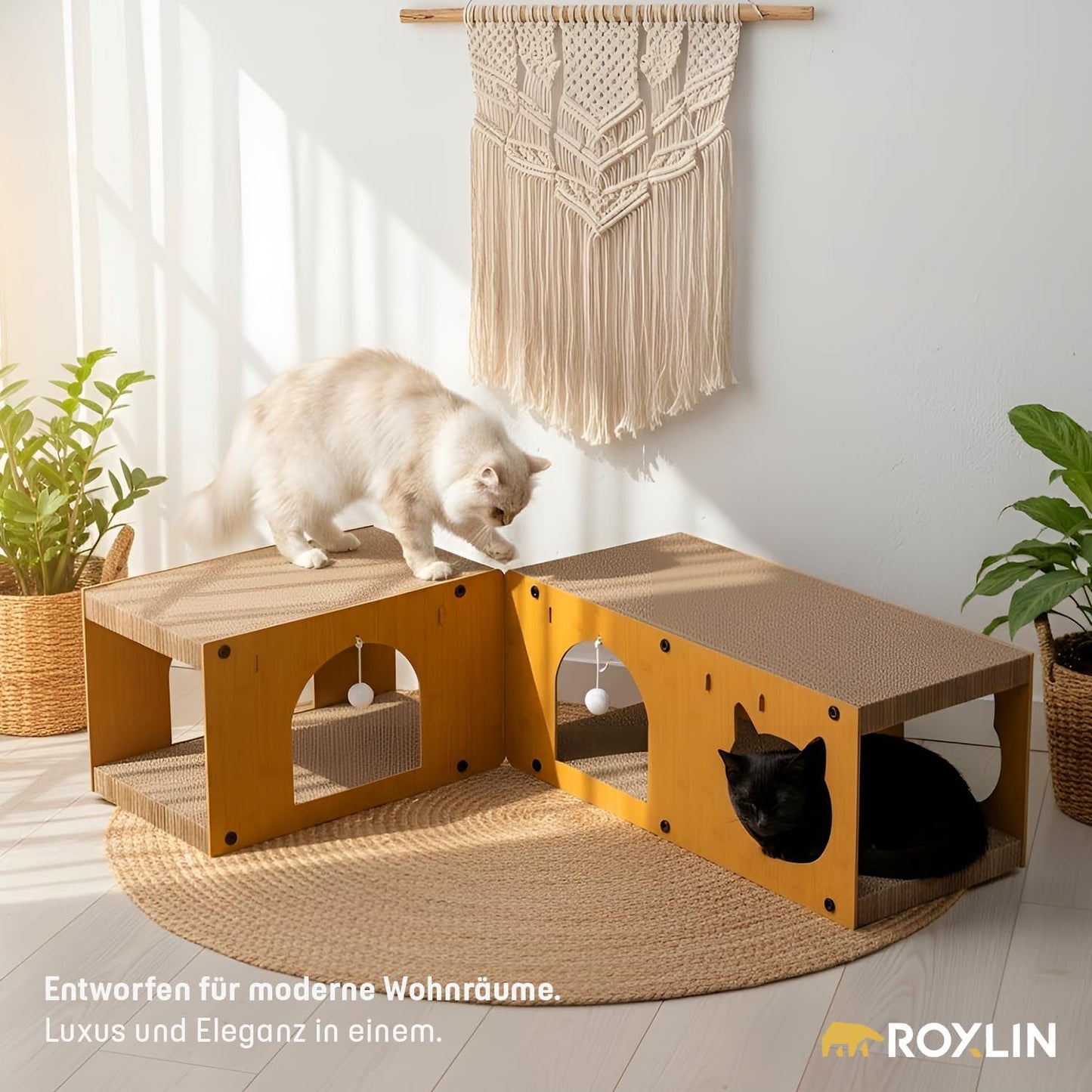 3-in-1 Katzenhöhlen mit Kratzfläche und Spielzeug, Tunnel-Modell