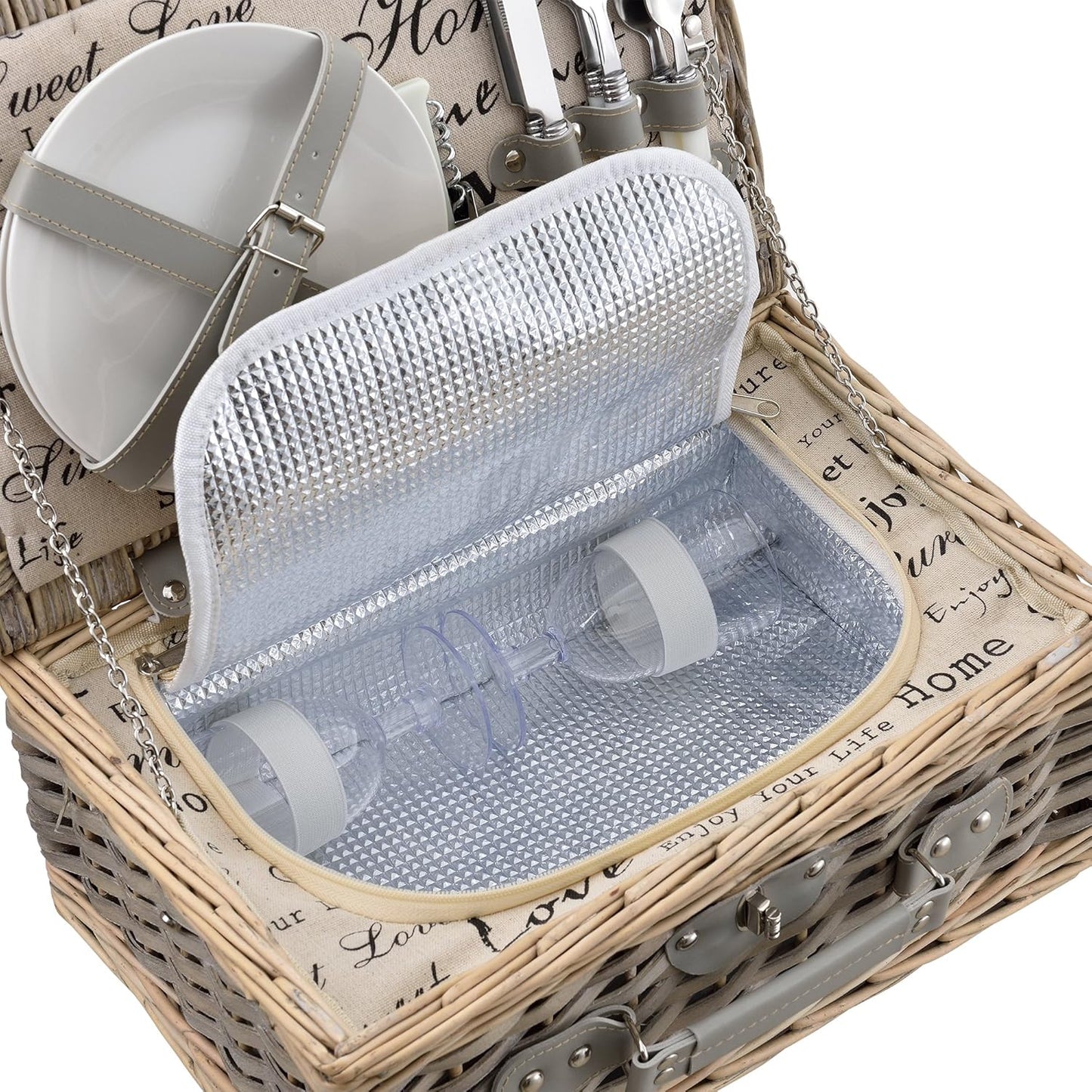 Picknickkorb-Set mit Kühltasche für 2 Personen, Grau 38 x 25 x 16 cm