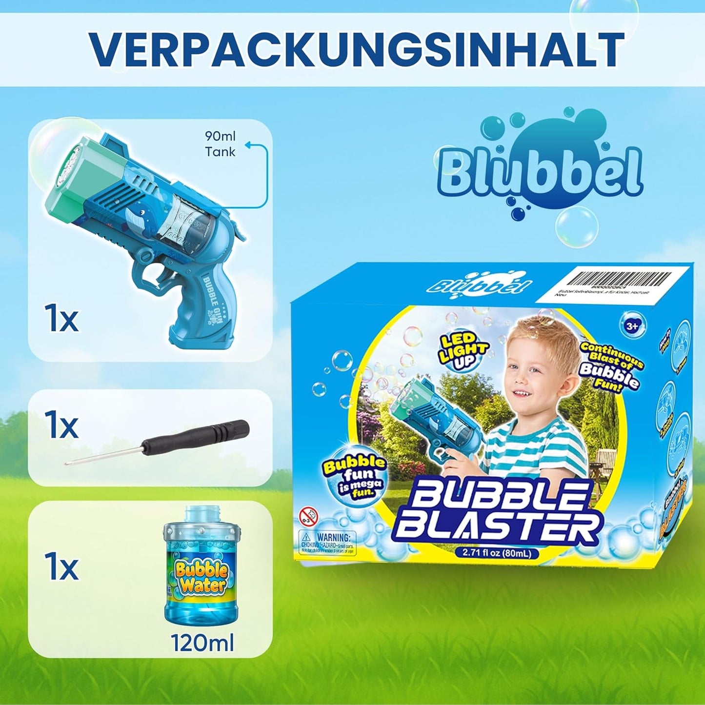 Seifenblasenpistole mit LED und Seifenflüssigkeit, Ozeanblau