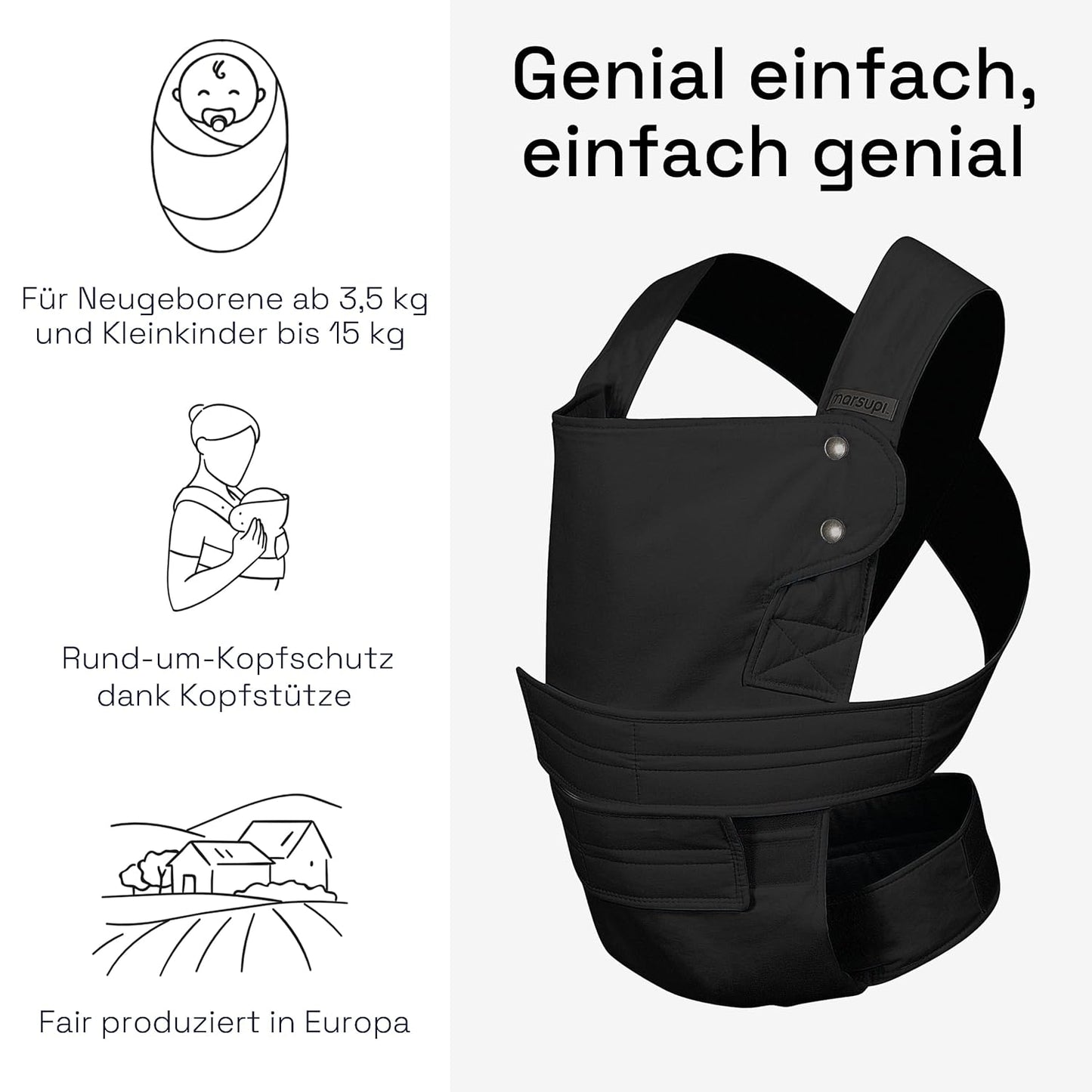 Babytrage für Neugeborene bis 15 kg, XL Black