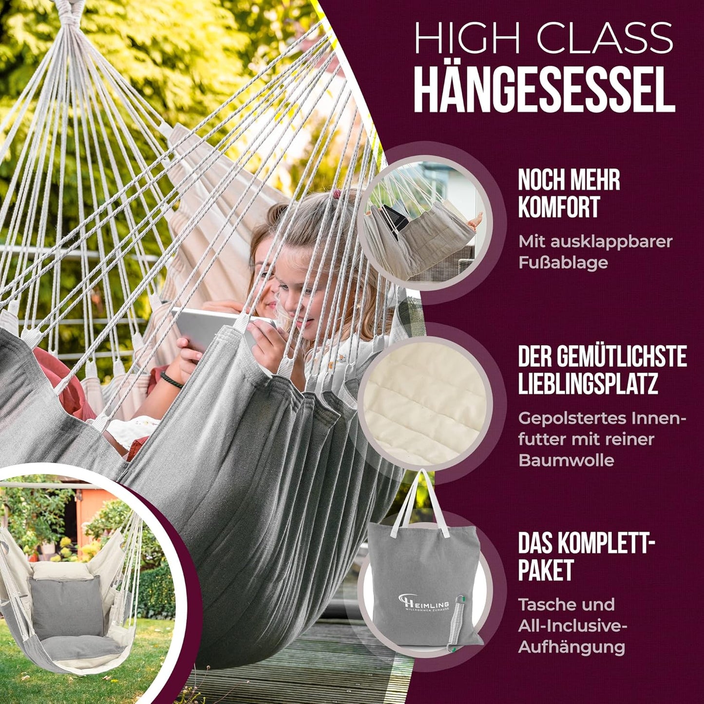 XXL Hängesessel für Indoor & Outdoor (inkl. Kissen), Beige/Grau
