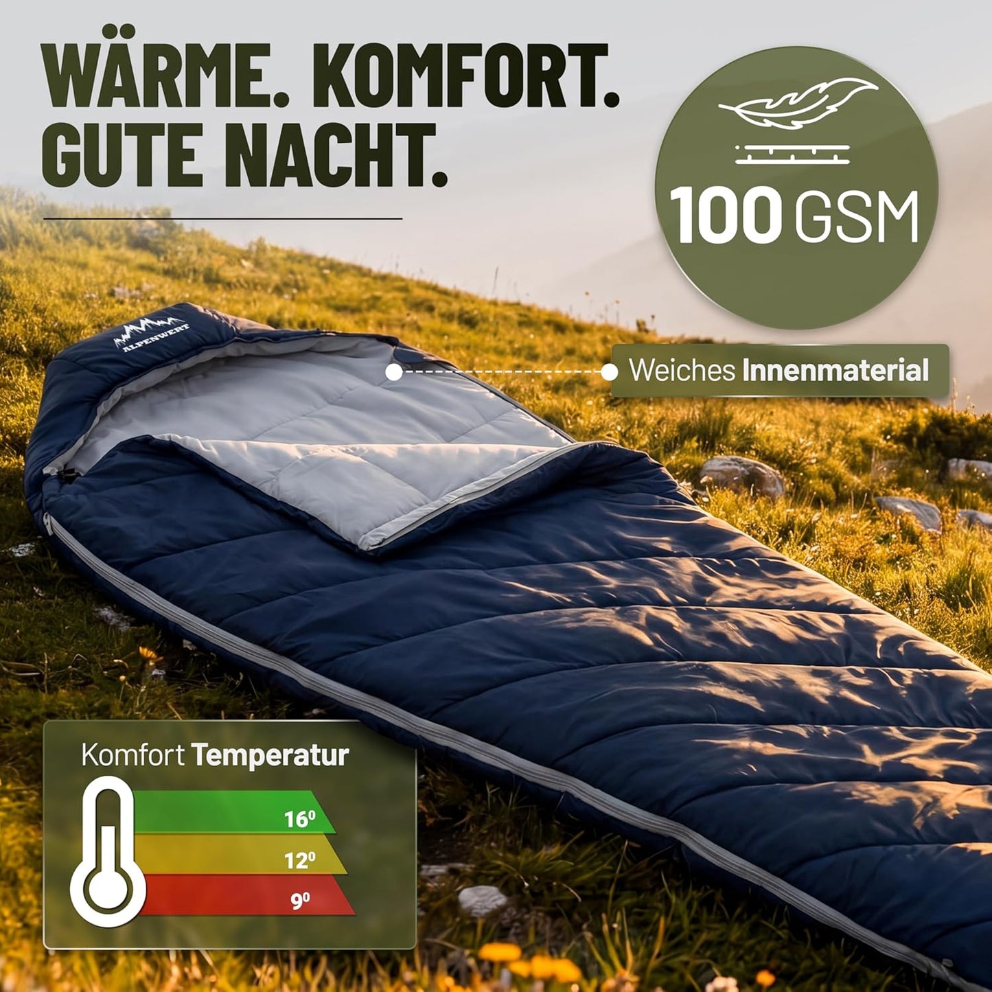 Ultraleichter Sommerschlafsack, Marineblau/ Grau innen