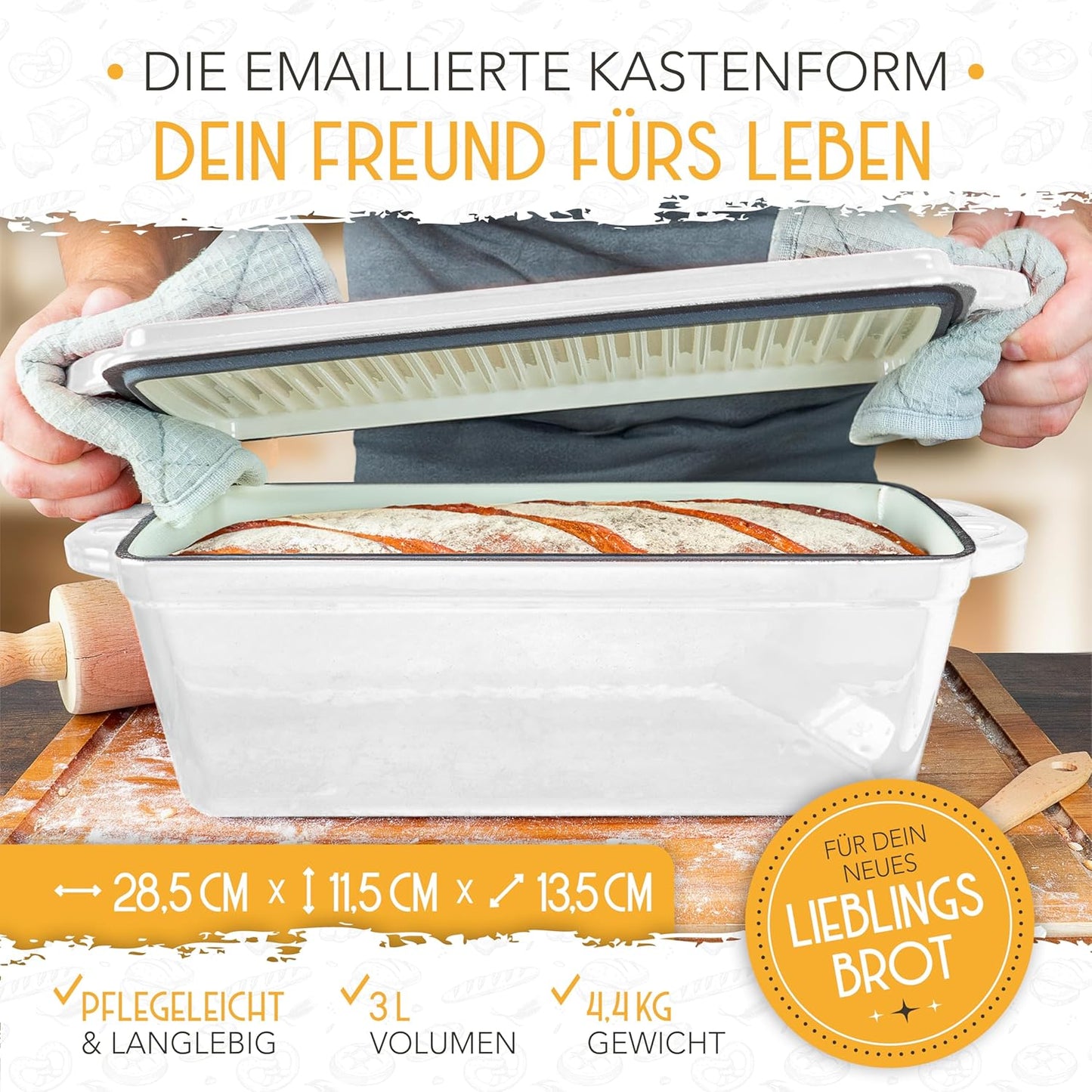 Brotbackfrom mit Deckel inkl. Gärkorb, Weiß Kastenform