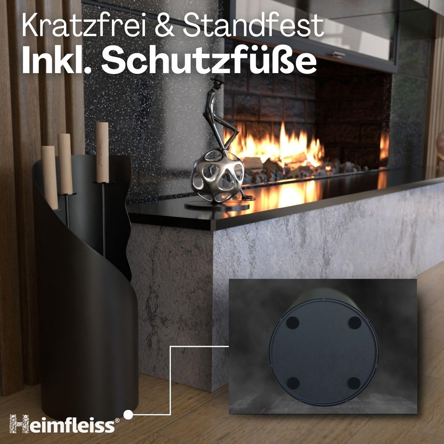 4-teiliges Kaminbesteck-Set, Schwarz mit Holzgriffen