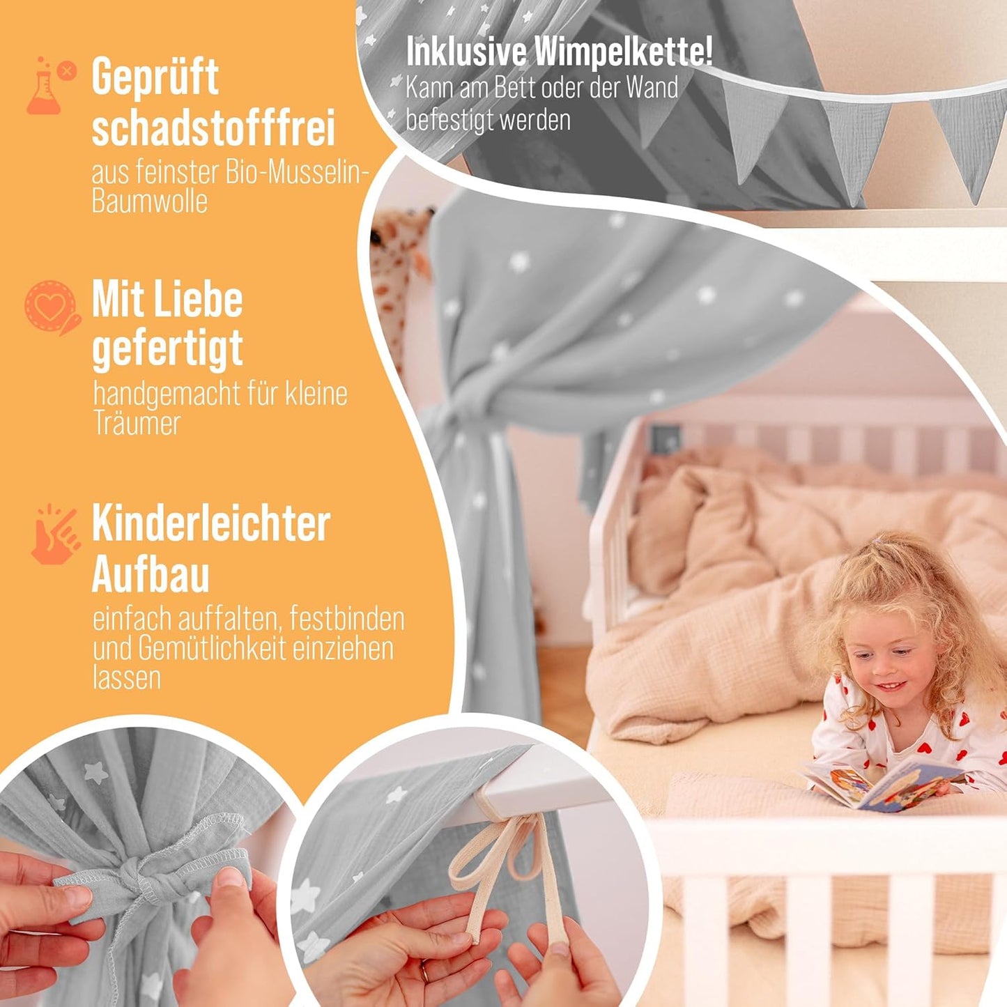 Hausbett Betthimmel-Set mit Sternendruck (3-tlg.), Hellgrau Sterne H320 x B130 cm (2er Set)
