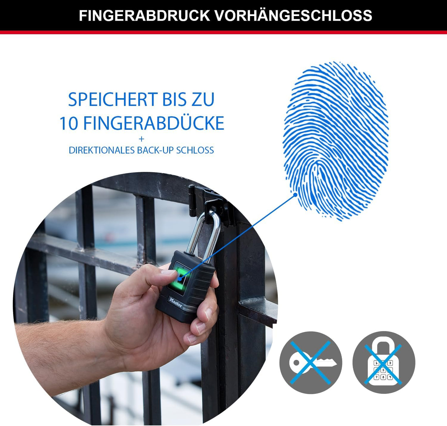 Vorhängeschloss 4901EURDLHCC mit Fingerabdruckerkennung, Medium Bügel + Biometrisch (Fingerabdruck)