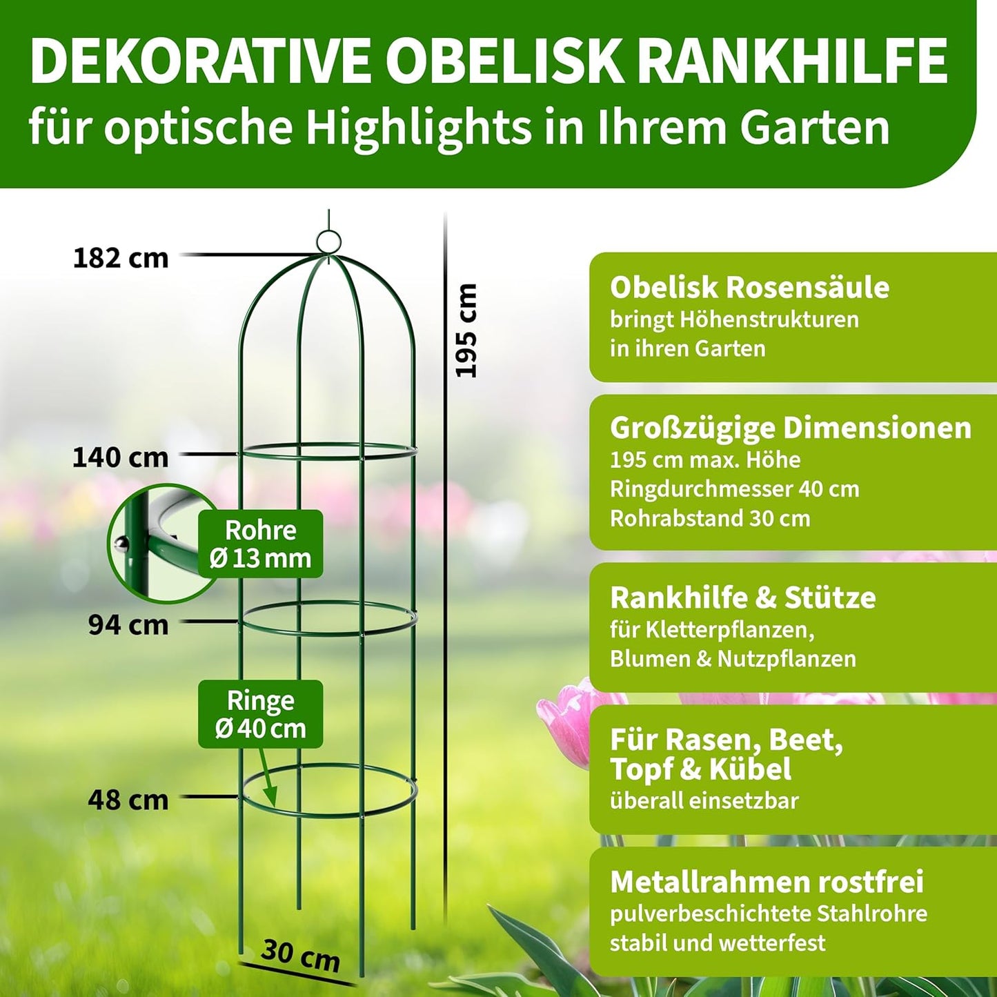 Obelisk Rankhilfe für Kletterpflanzen (195x40cm), 195cm grün 1x Grün