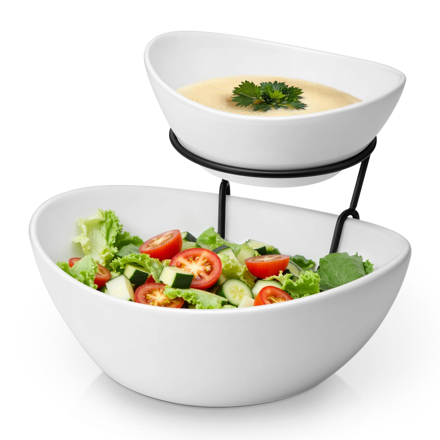 2er-Set Servierschalen mit Etagere, 600 ml/1800 ml Weiß