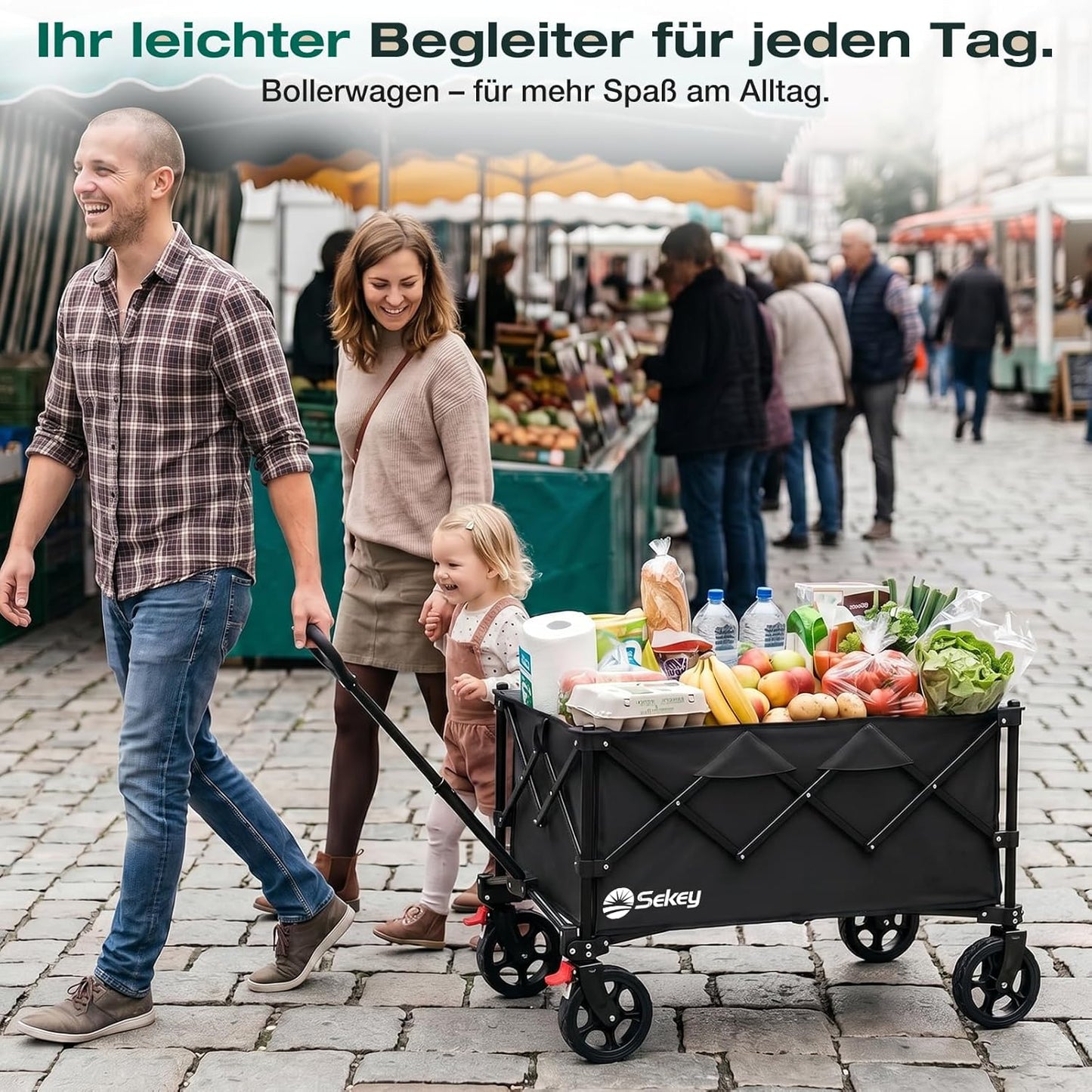 Faltbarer Bollerwagen mit Geländereifen, Schwarz 135L