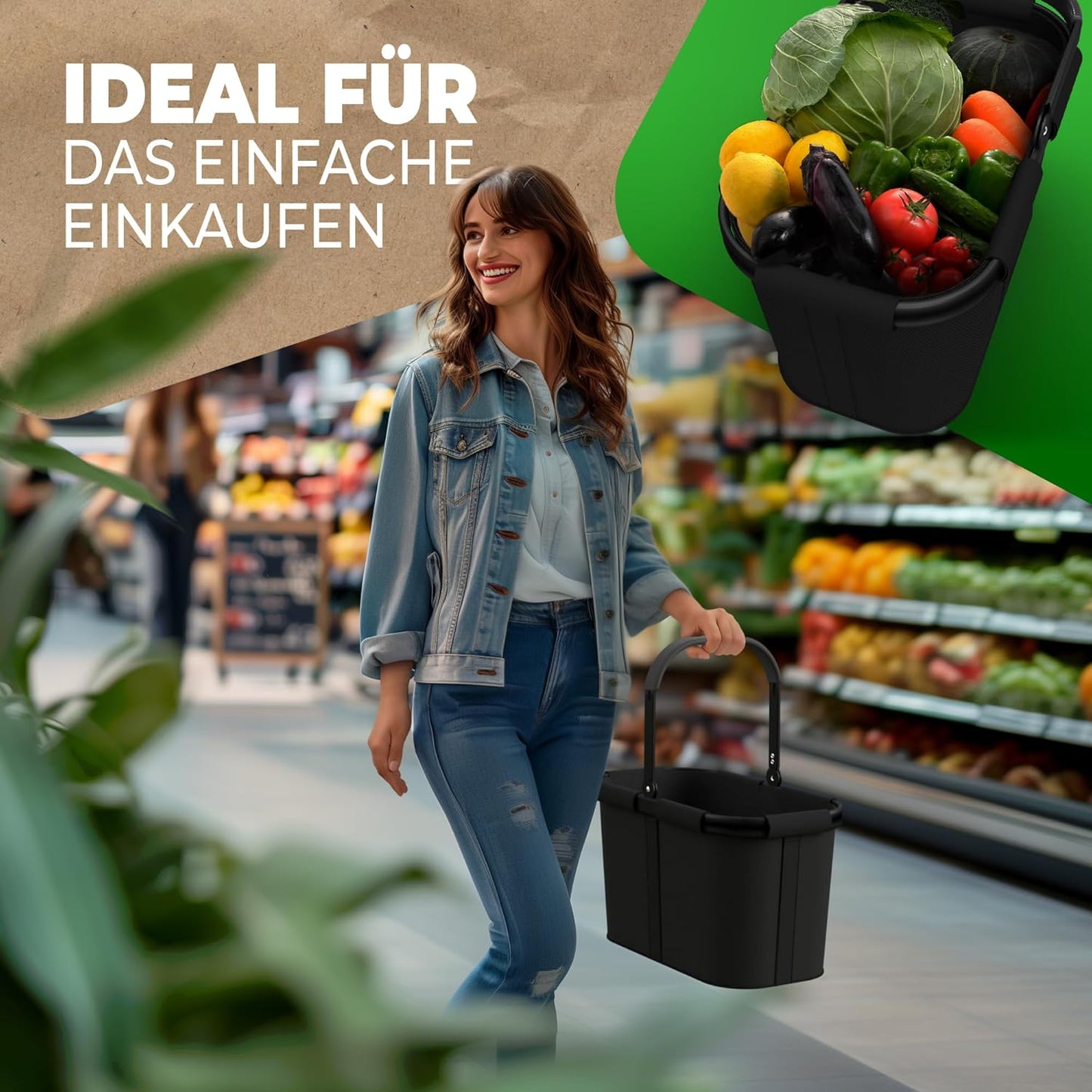 Stabiler Einkaufskorb mit Innentasche und Frontfach, Schwarz