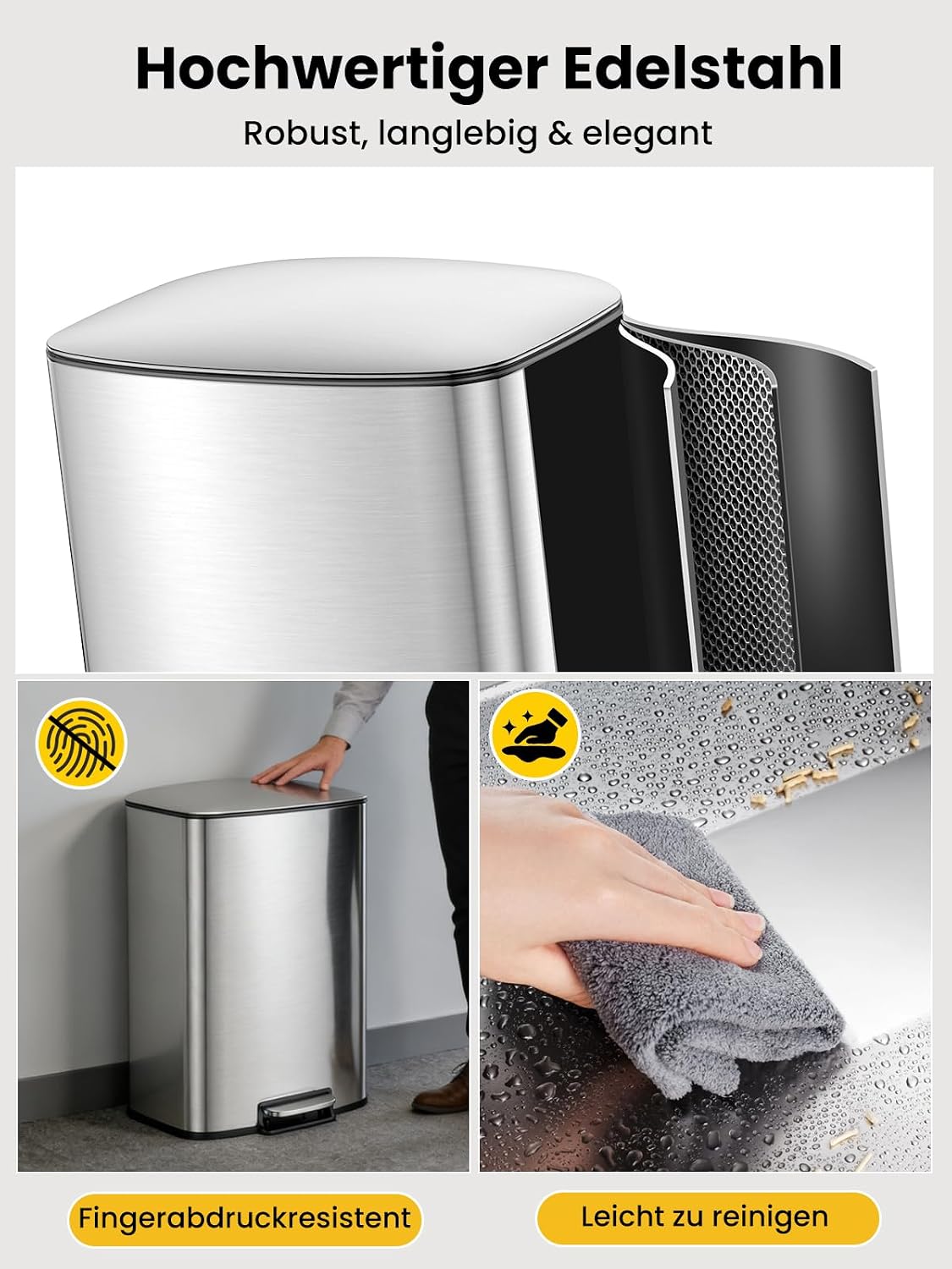 Treteimer mit Soft Close Deckel, Silber 50L
