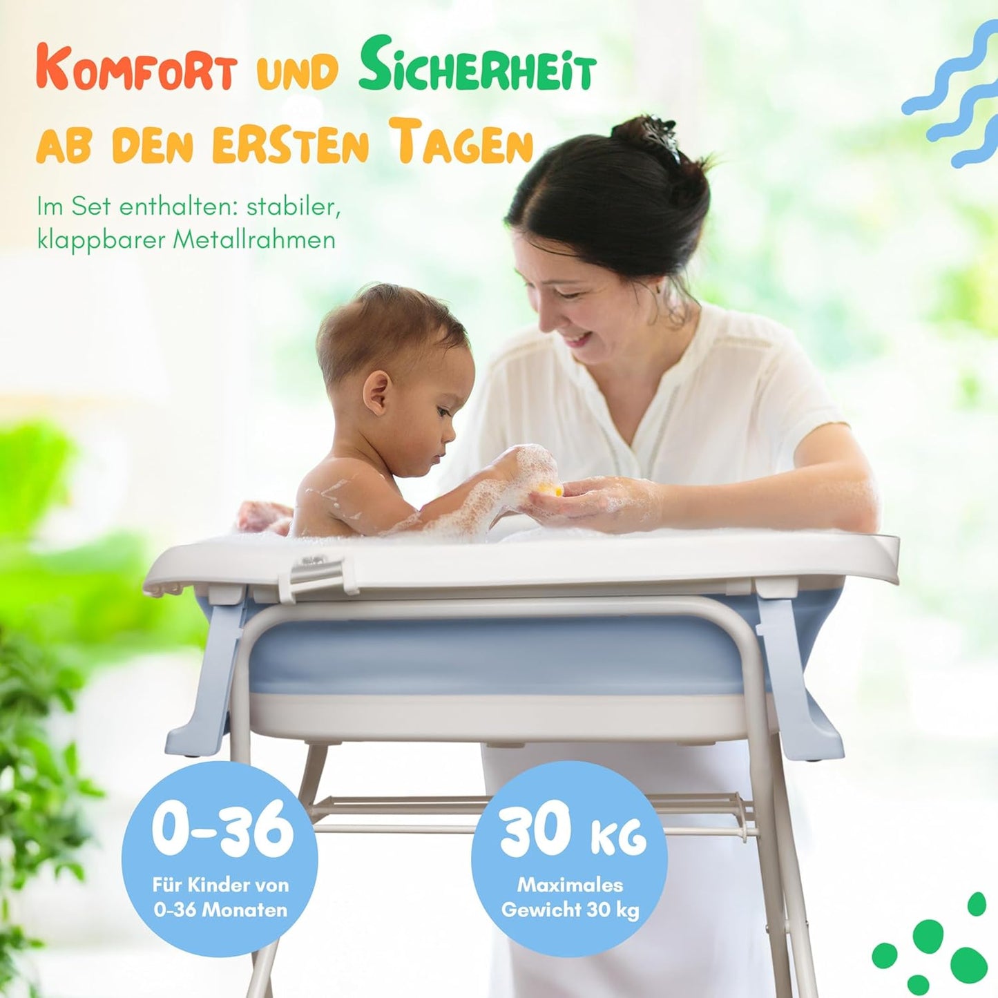 Faltbare Babybadewanne mit Ständer und Thermometer, Blau 84,5cm Höhe - mit Ständer