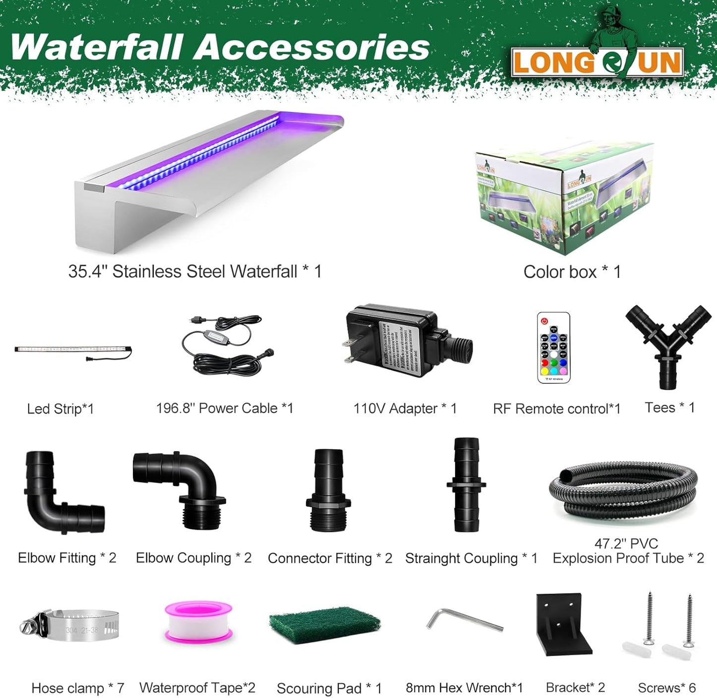 Wasserfallbrunnen mit LED-Beleuchtung, Edelstahl 90cm