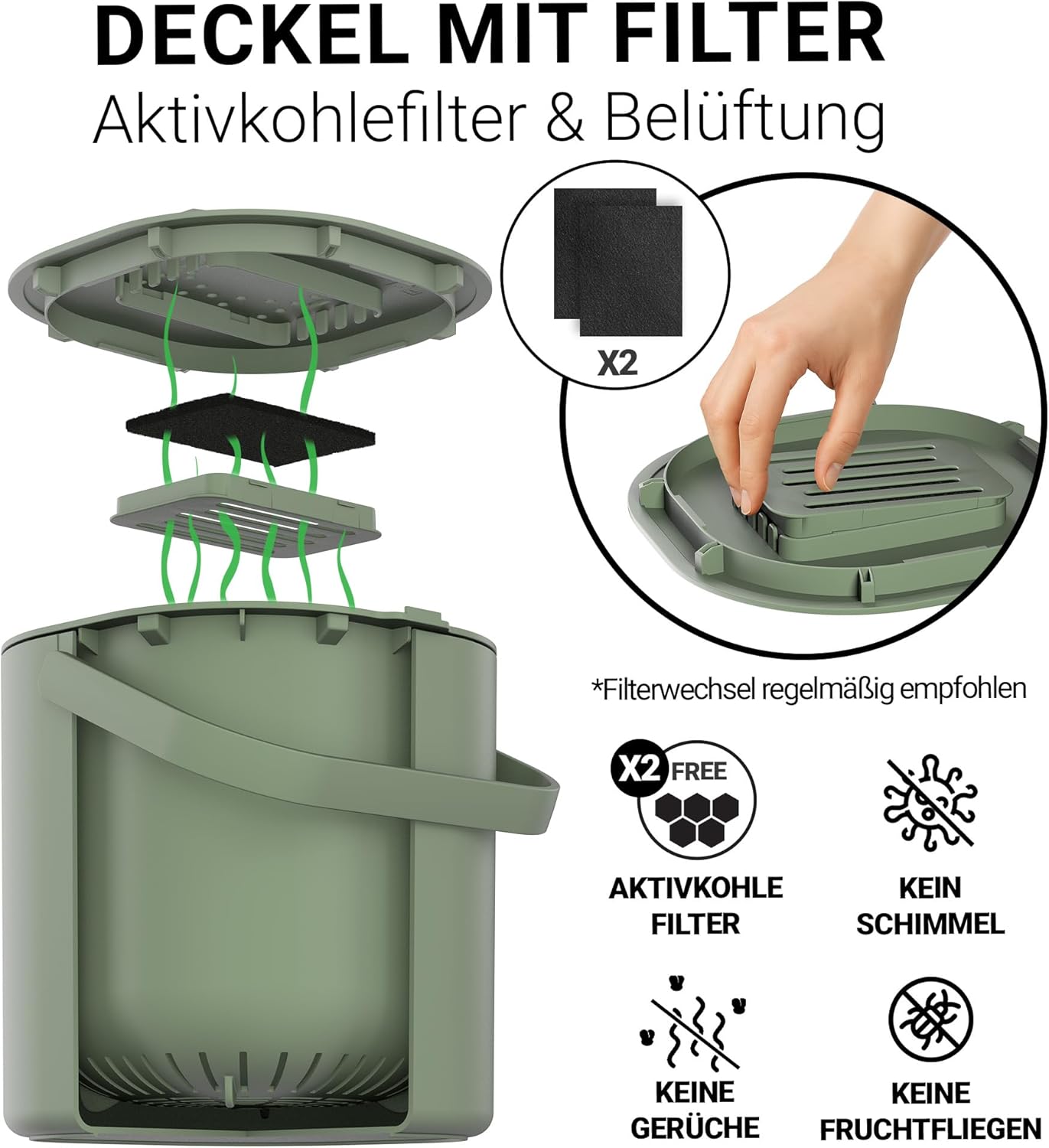 Biomülleimer mit Aktivkohlefilter 6L, geruchsdicht, Grün mit Aktivkohlefilter