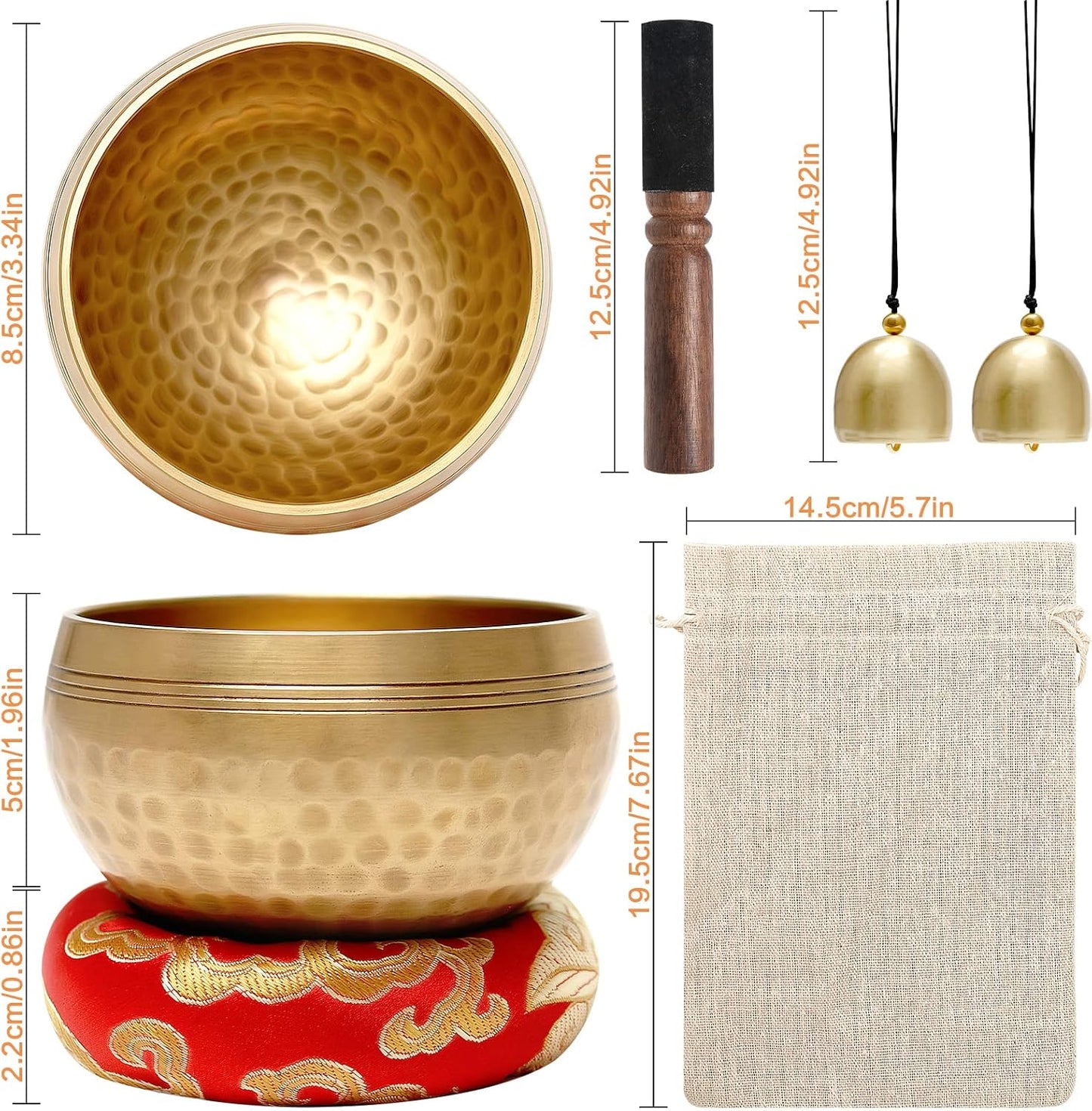 Tibetisches Klangschalen-Set mit Messingglocken, 8.6cm