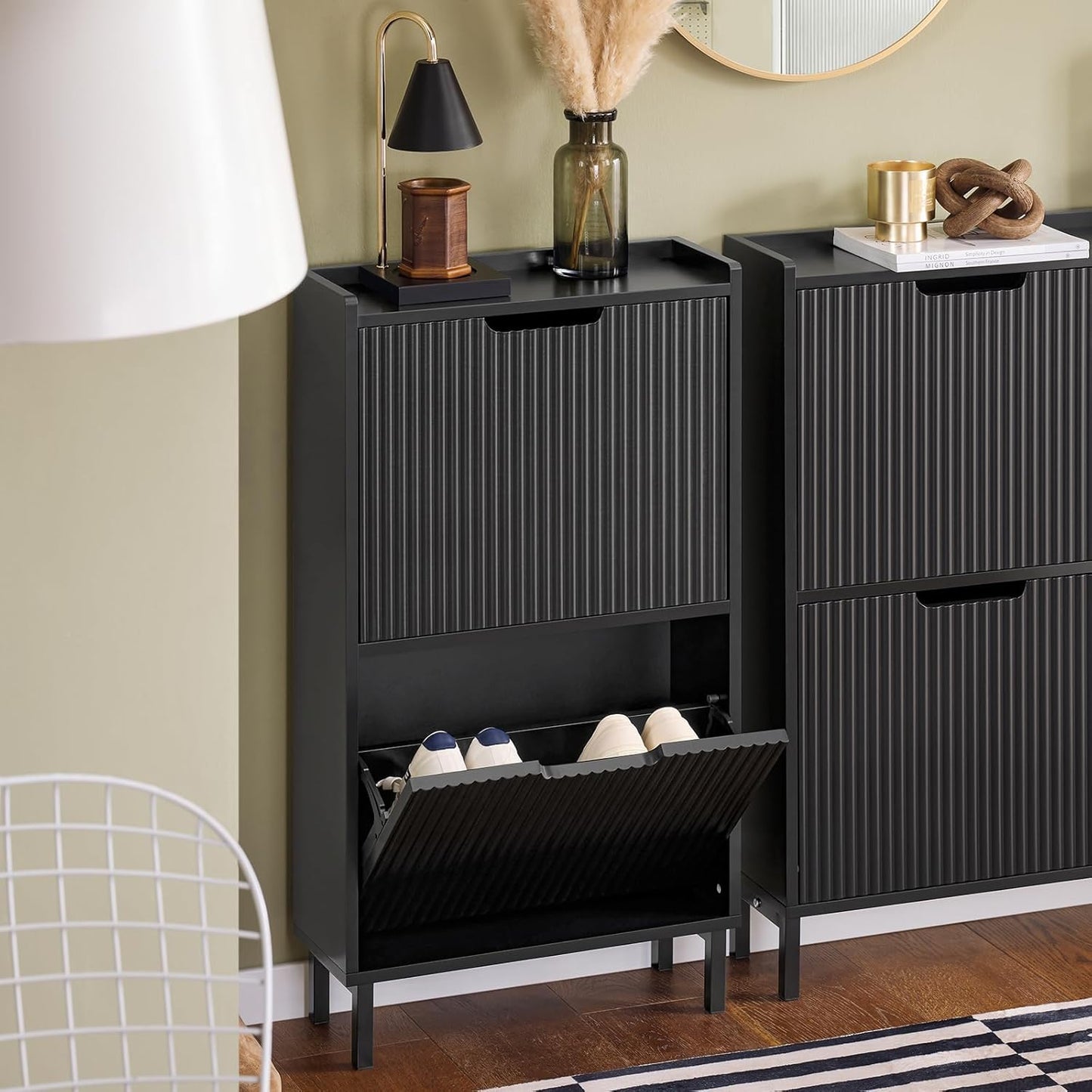 Schmaler Schuhkipper mit 2 Klappen (50x90x19cm), 50cm (W) x 19cm (D) x 90cm (H) Schwarz