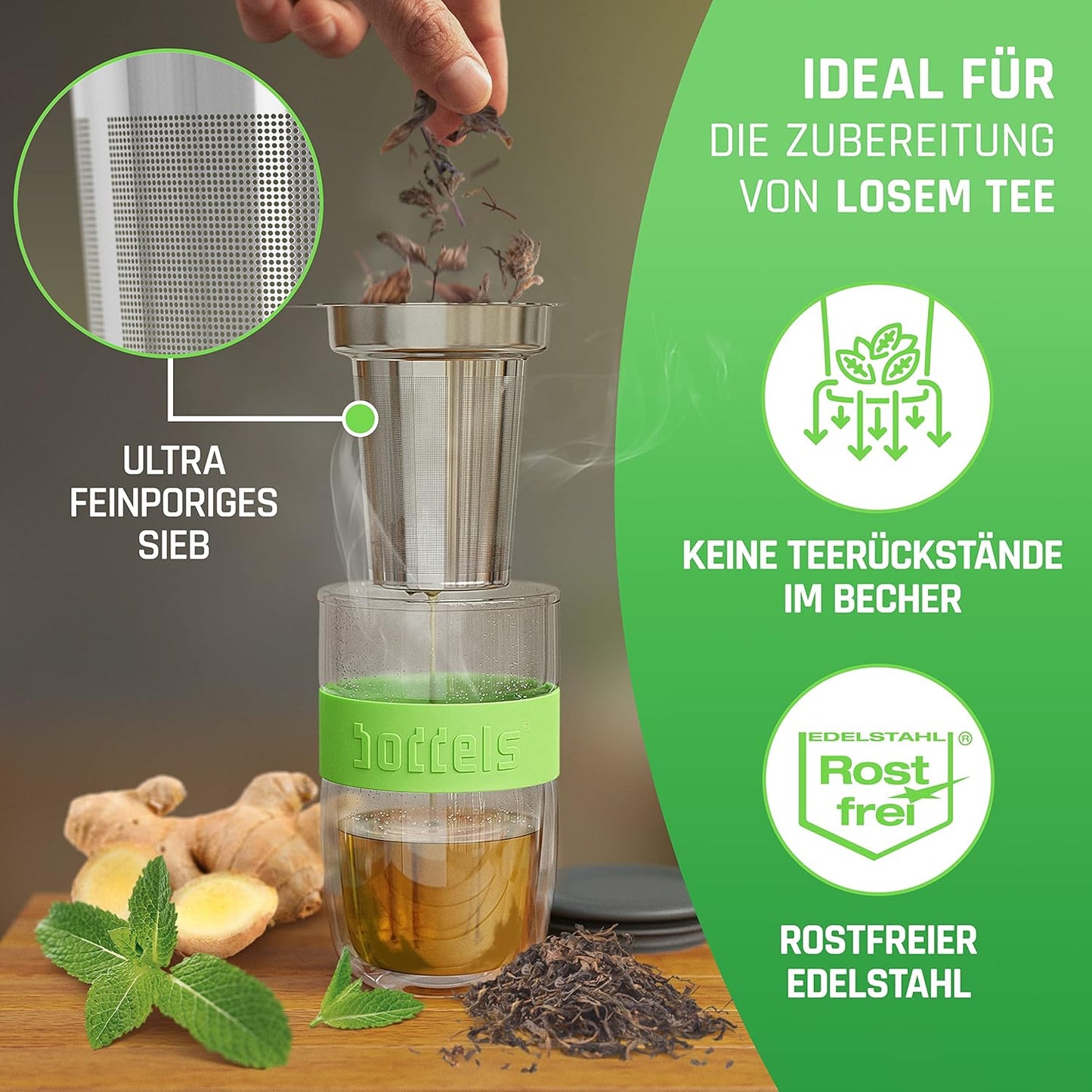 Teeglas mit Sieb und Deckel, Apfelgrün