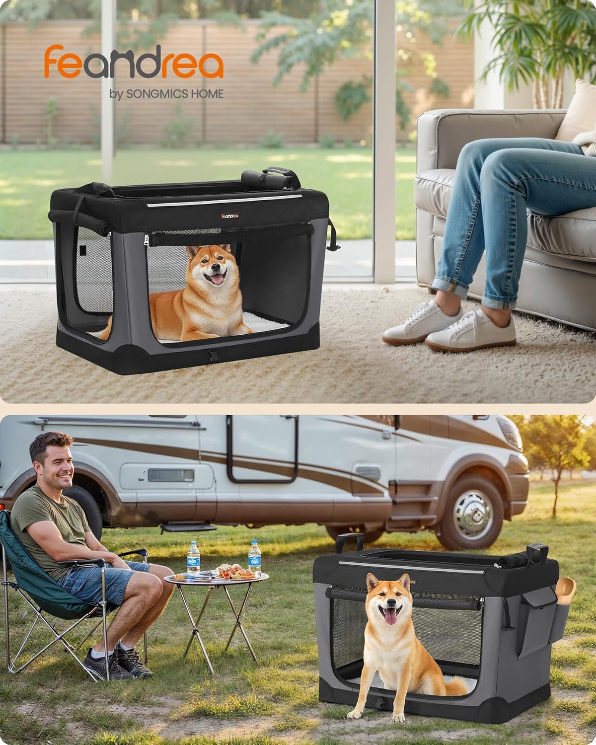 Faltbare Hundetransportbox mit 4 Türen und Taschen, PDC017B01, L 76 x B 53 x H 53 cm