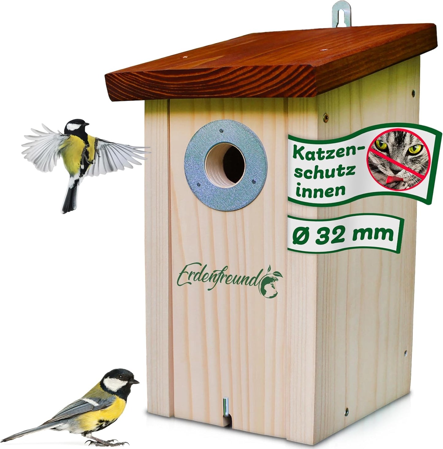 Meisen Nistkasten mit Marder- und Spechtschutz, Kohlmeisen Nistkasten 32 mm Einflug