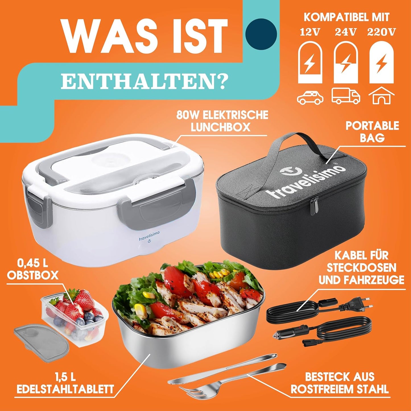 Elektrische 3-in-1 Lunchbox 1,5L für Auto & Arbeit, Grau
