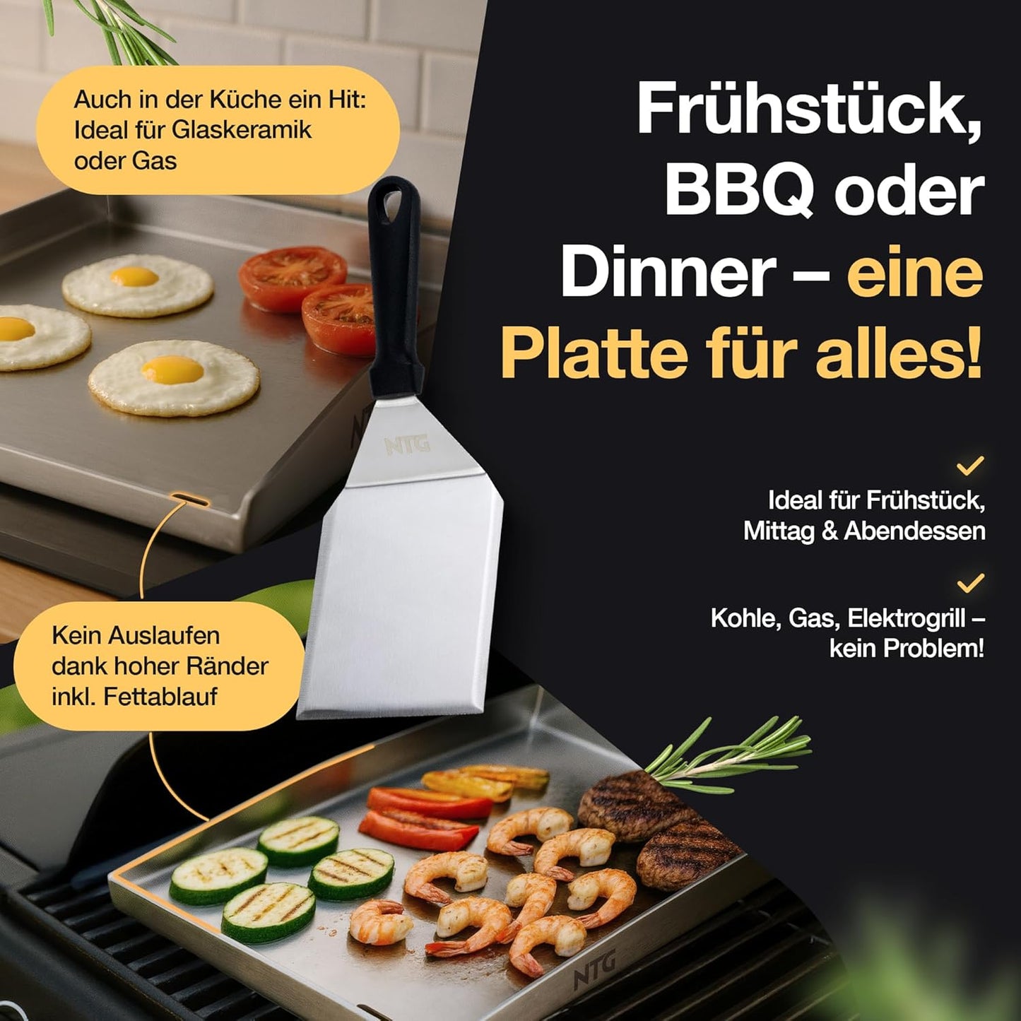 Grillplatte mit Fettablauf und Grillspachtel