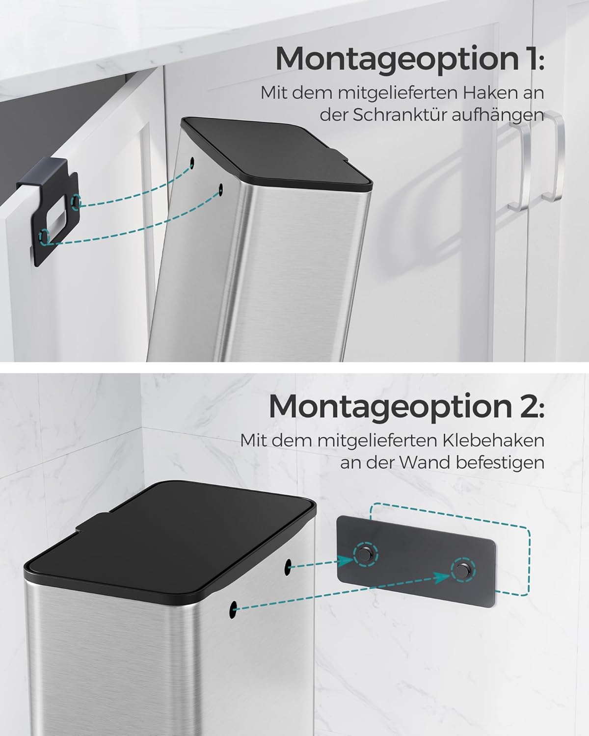 Hängender Küchen-Komposteimer mit Deckel, metallisches Silber