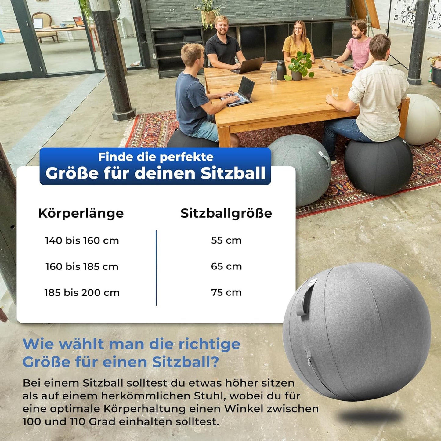 Ergonomischer Sitzball für Büro (65 cm), 65 cm Light Gray