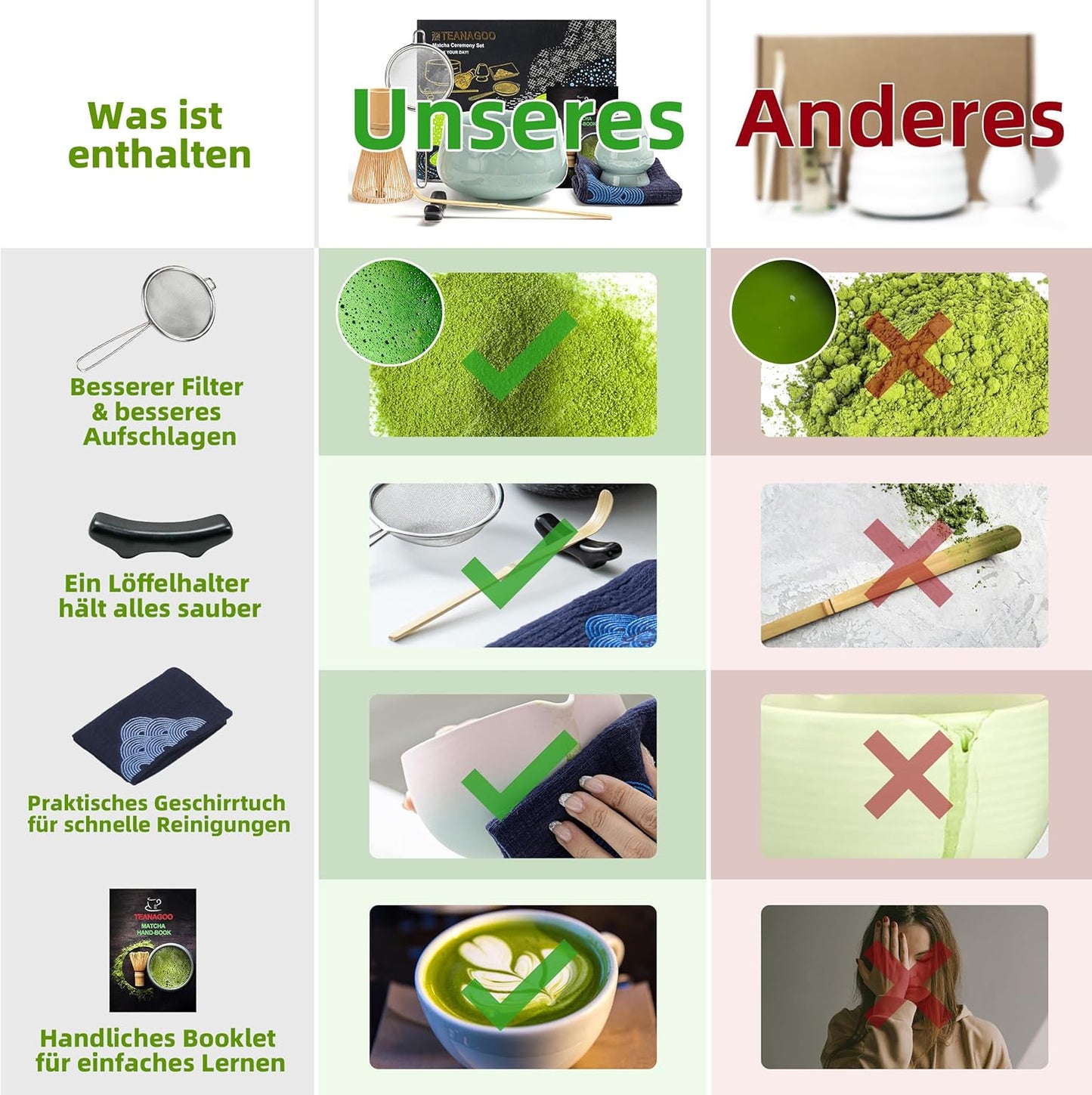 7-teiliges Matcha Tee Set mit Besen und Zubehör, Berge und Meere schnitzen Celadon Blau