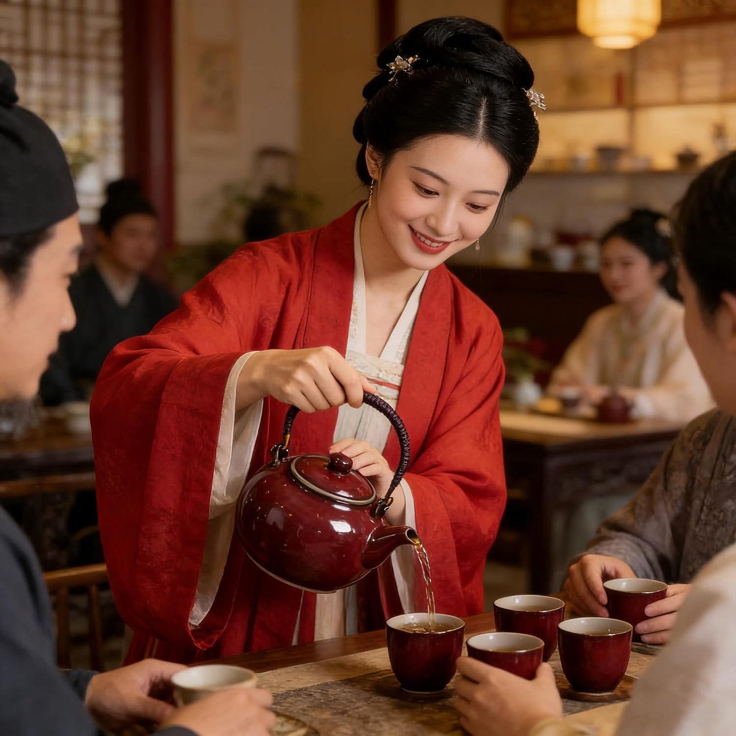Chinesische Teeservice mit Teekanne und Tassen, Rot