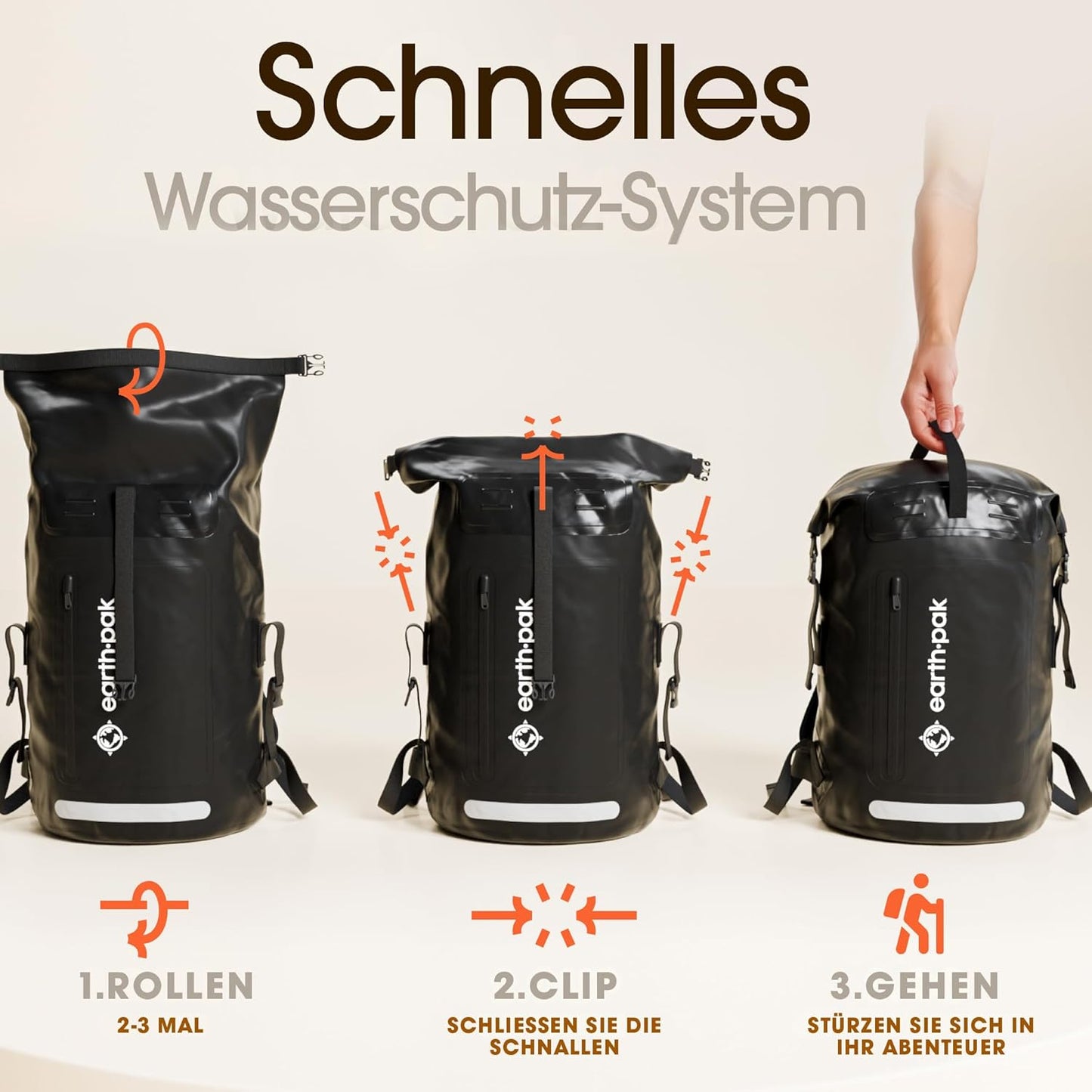 Wasserdichter Rucksack mit Rolltop und Handyhülle, 55L Schwarz